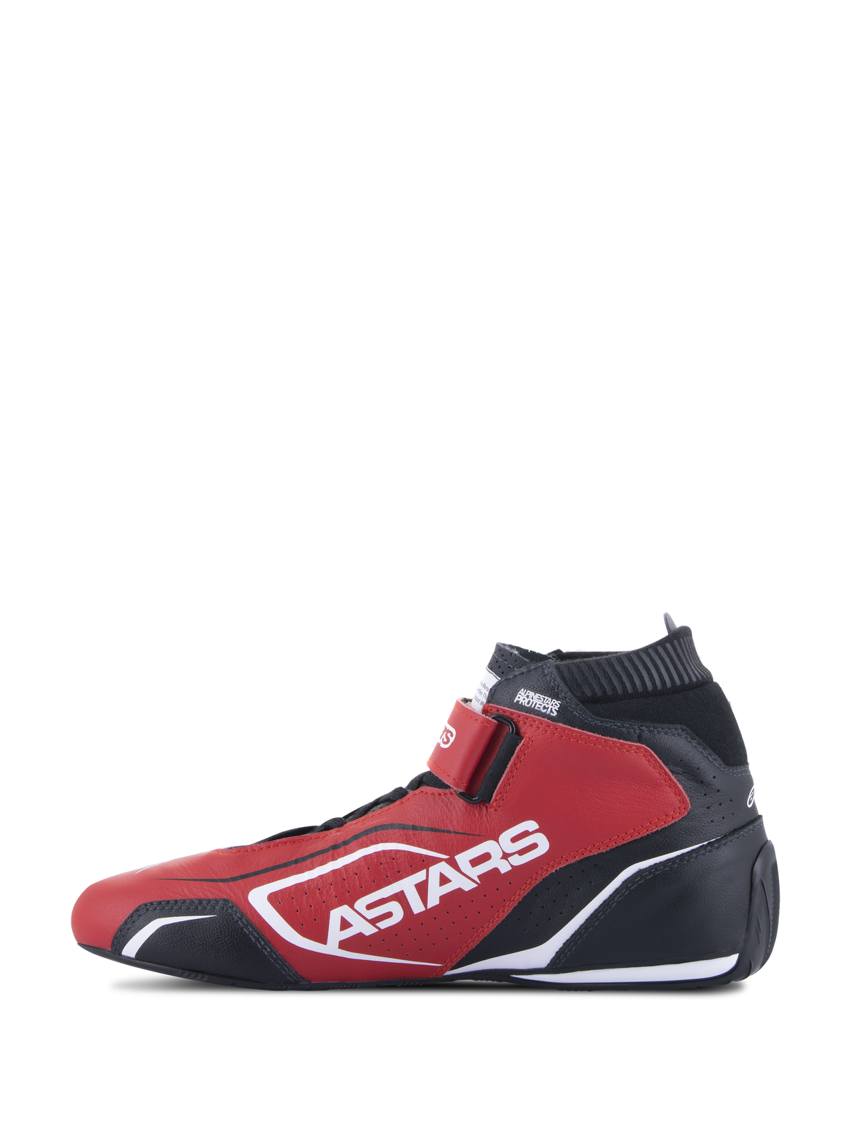 Alpinestars Tech-1 T V3 sko FIA, auto køresko, rød, sort og hvid, profilvisning fra siden med tydelig hvid ASTARS-branding, krog-og-løkke-rem og brandhæmmende elastisk krave, professionelt motorsport-fodtøj i oksehudskonstruktion.