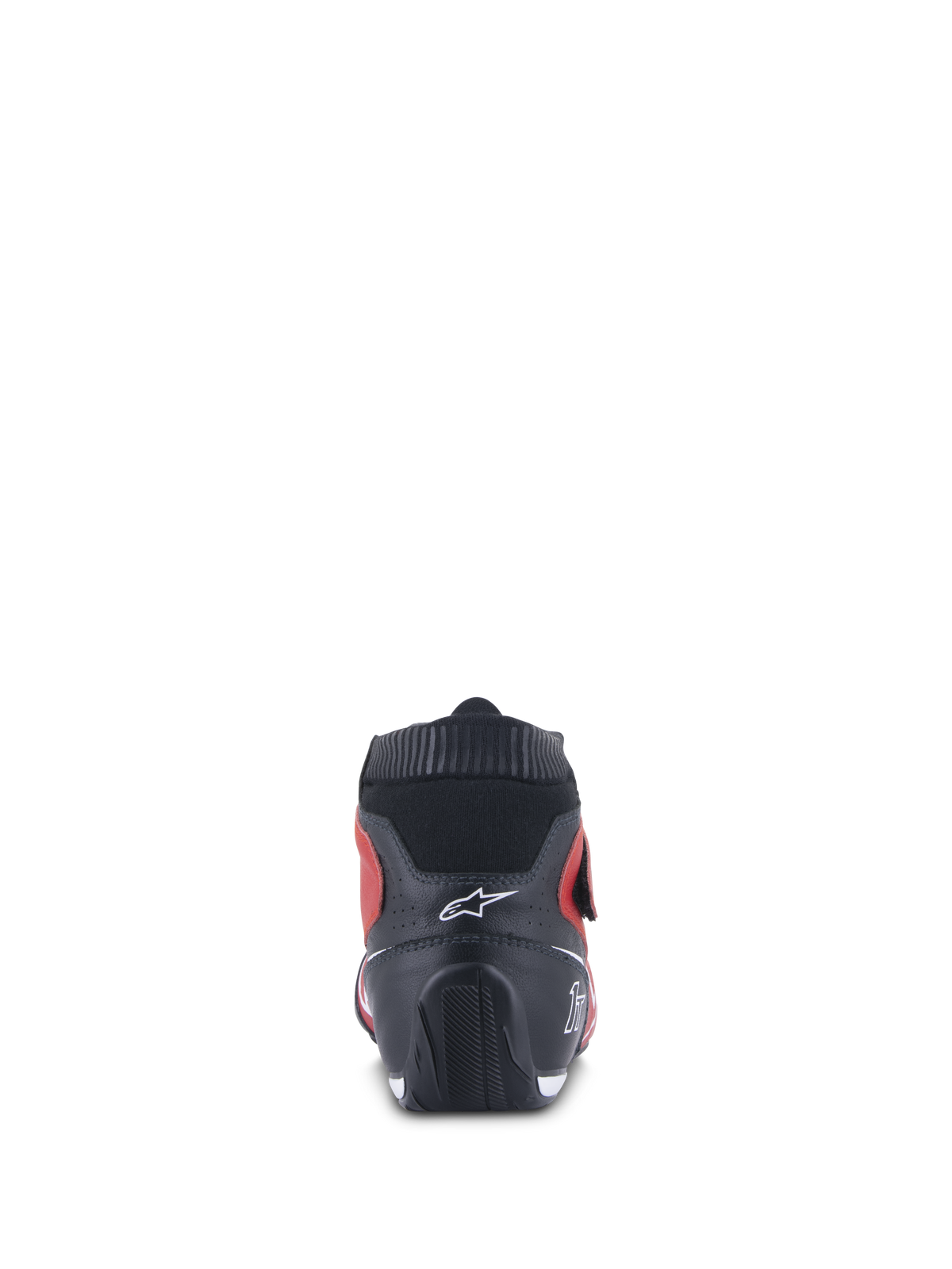 Alpinestars Tech-1 T V3 sko FIA, auto-racersko, rød, sort og hvid, set bagfra med en sort læderhæl med et hvidt logo, ribbet krave og røde sidepaneler, der fremhæver det ergonomiske design til motorsport.