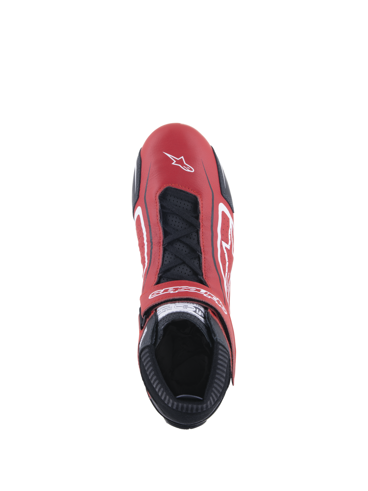 Alpinestars Tech-1 T V3 sko FIA, auto køresko, rød, sort og hvid, set oppefra der viser overdel i rødt oksehudslæder med sorte snørebånd og justerbar rem, med hvide logoer og en slank profil til konkurrencekørsel.