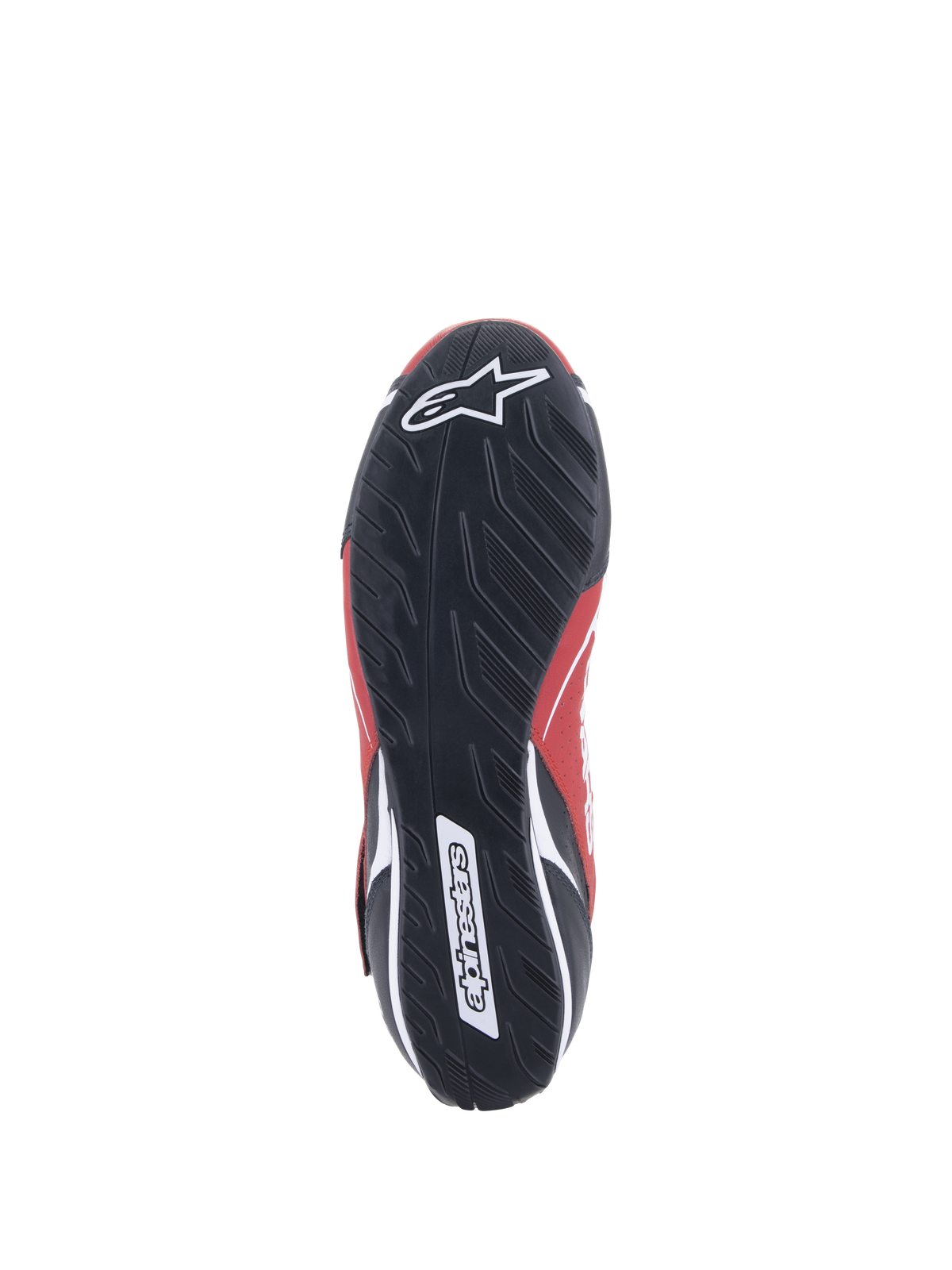Alpinestars Tech-1 T V3-sko FIA, auto-køresko, rød, sort og hvid, visning fra bunden af den sorte gummisål med et asymmetrisk dækmønster og hvid Alpinestars-branding