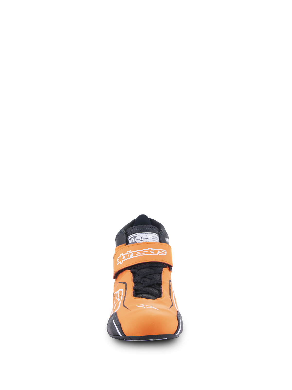 Alpinestars Tech-1 T V3 FIA sko, bilsportsko, fluo orange, sort og hvid, set forfra med velcrorem med Alpinestars-branding, sorte snørebånd og SFI-certificeringslabel på pløsen
