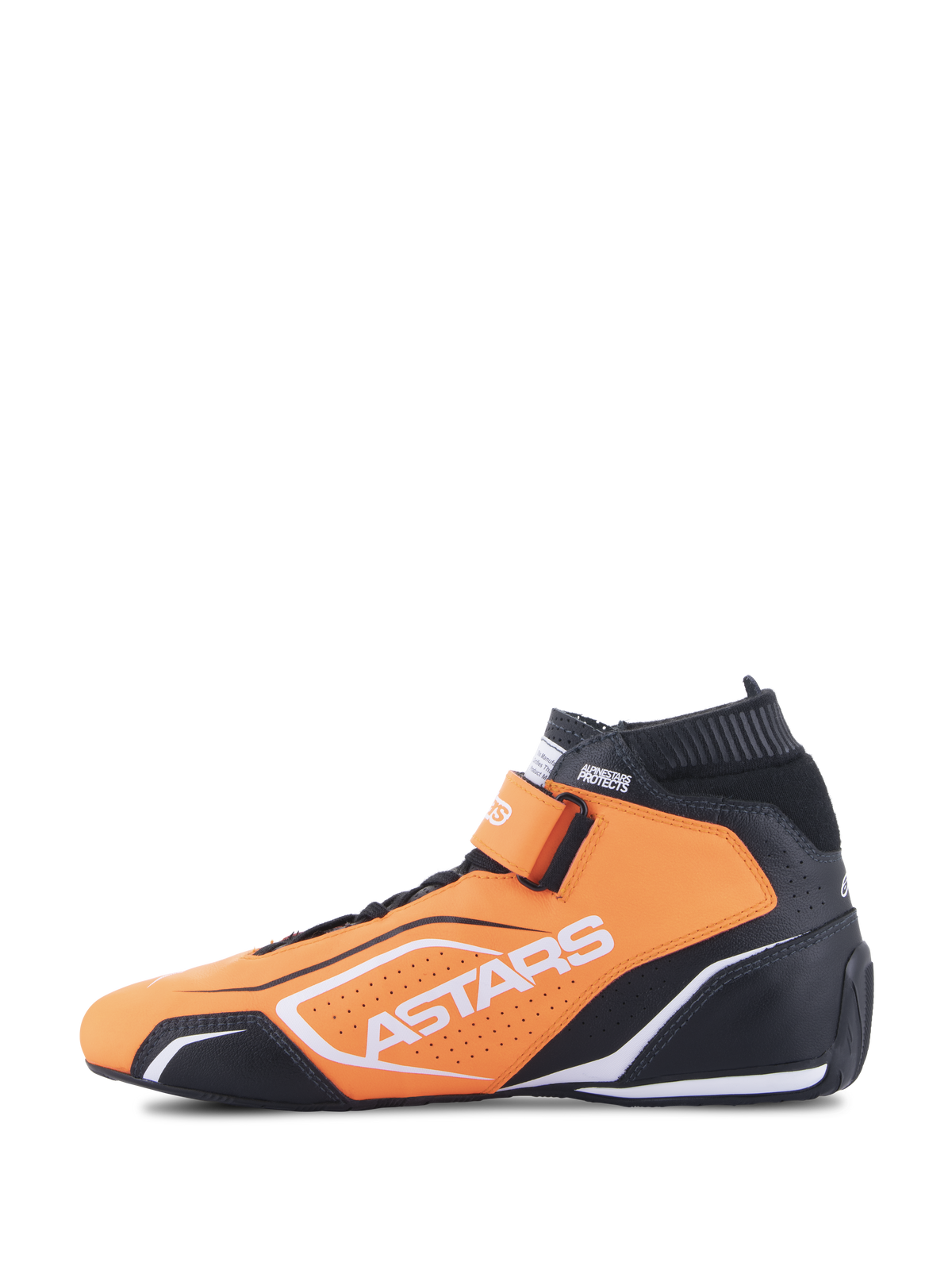 Alpinestars Tech-1 T V3 sko FIA, racersko, Orange Fluo, sort og hvid, sideprofil, fremstillet i okselæder, velcro-ankelrem og hvidt Astars-branding.