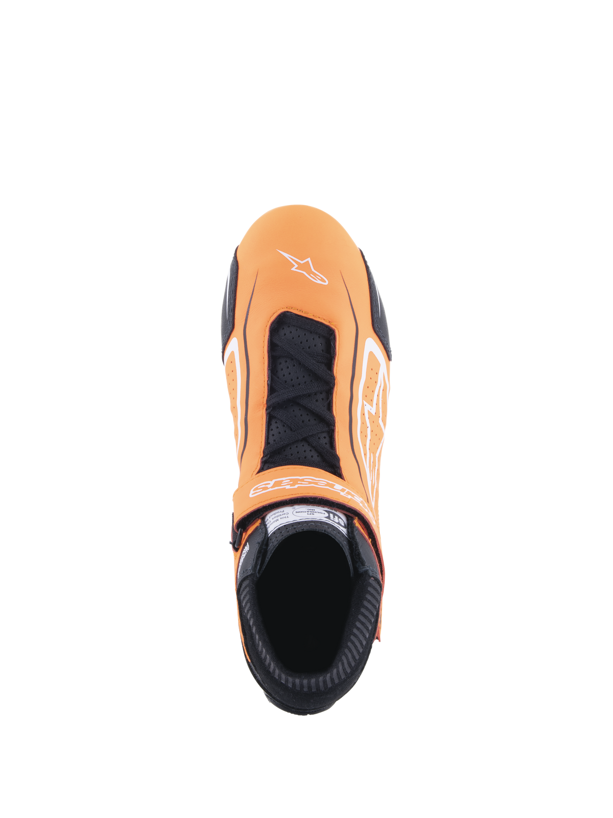 Alpinestars Tech-1 T V3 sko, auto-racersko, Orange Fluo, sort og hvid, set fra oven med snørelukning og velcrostrop, hvidt Alpinestars-logo på tåen, perforerede læderpaneler og sort brandsikker krave