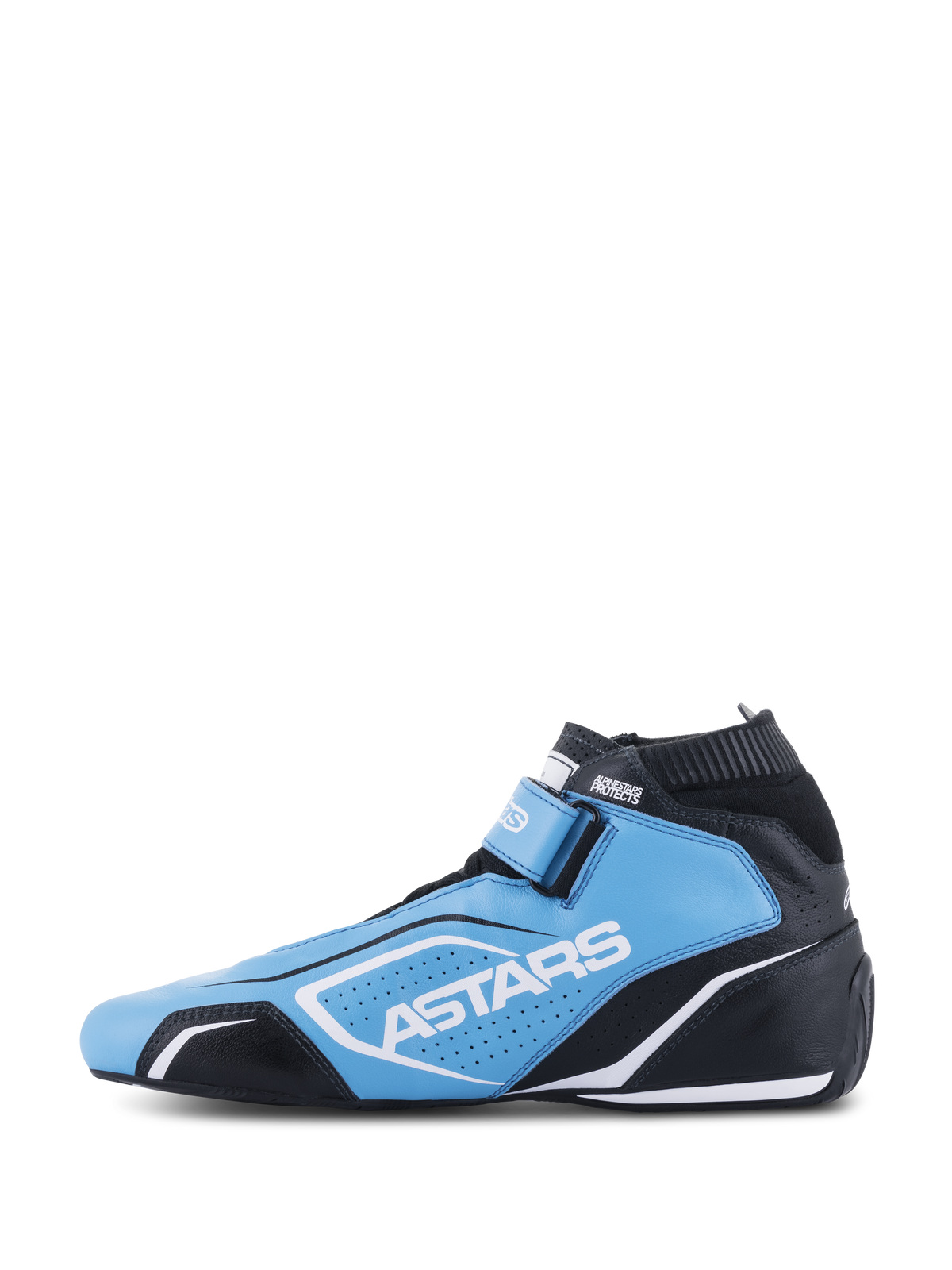 Alpinestars Tech-1 T V3-sko FIA, auto racing-sko, lyseblå, sort og hvid, med ASTARS-branding, perforerede læderpaneler og en strømlinet racer-silhuet.