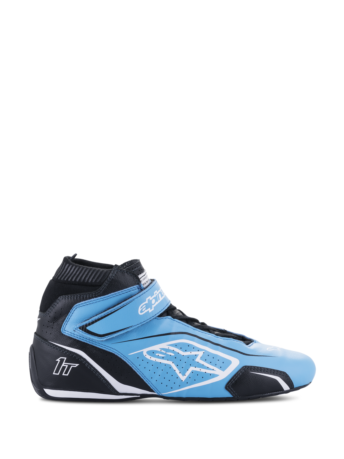 Alpinestars Tech-1 T V3 sko FIA, høj racingsko til motorsport, lyseblå og sort med hvide detaljer, sidevisning med Velcro-rem, hvidt stjernelogo, perforeret læderkonstruktion og en tynd performance-ydersål