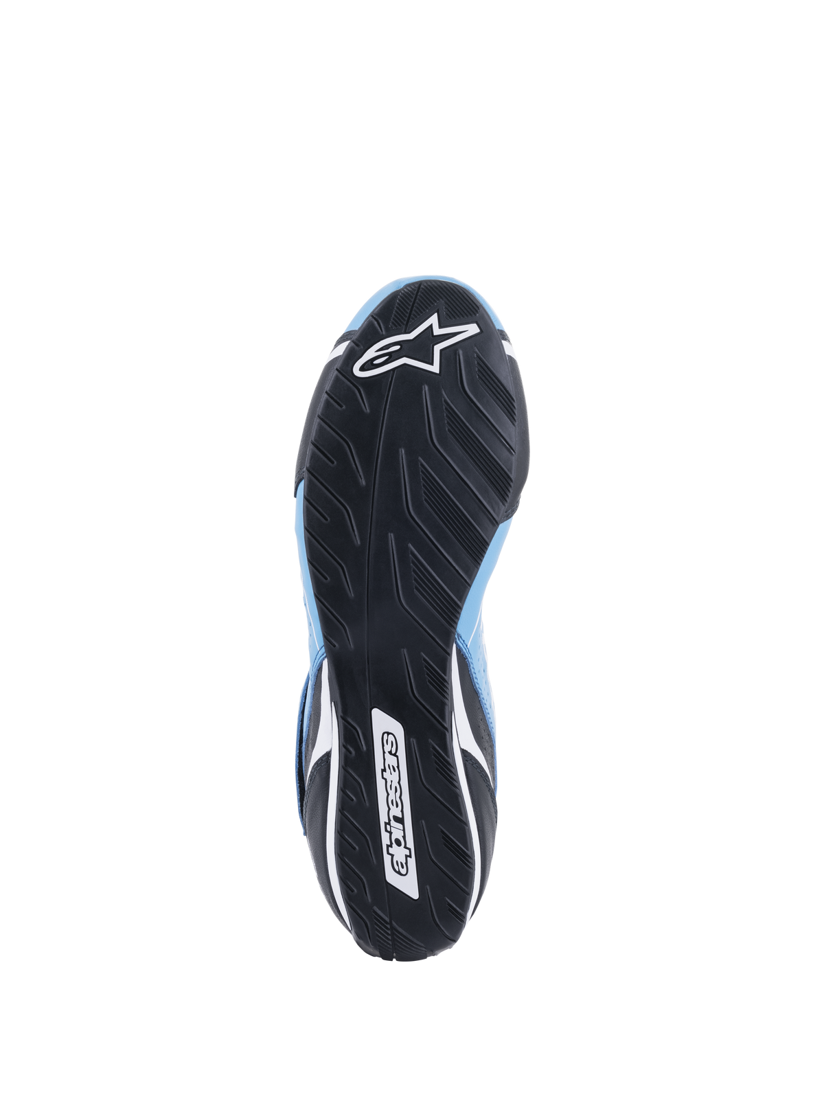 Alpinestars Tech-1 T V3 sko FIA, underside af sort gummisål, asymmetrisk dækmønster-design, hvidt Alpinestars stjerne- og tekstlogo, lyseblå og sorte læderdetaljer, performance fodtøj til motorsport
