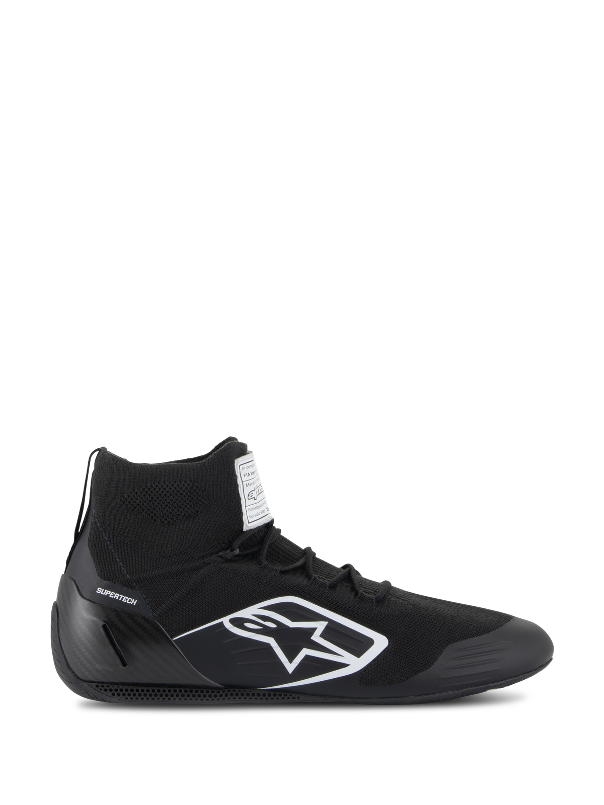 Alpinestars Supertech sko, FIA/SFI-certificerede racersko, sort med hvidt Alpinestars stjerne-logo, high-top design med strikket overdel og kulfiber hælkop, professionelt motorsport fodtøj