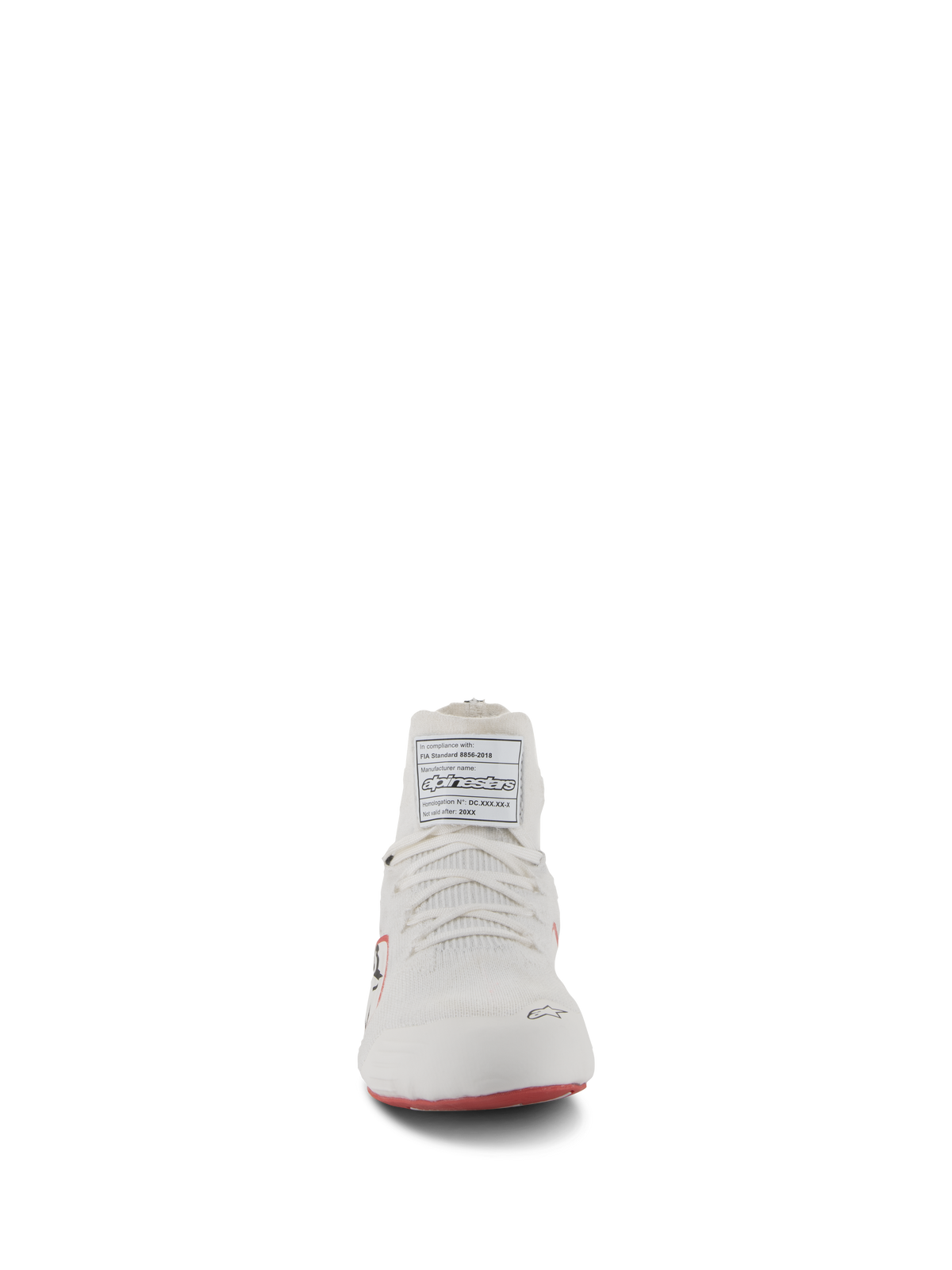 Alpinestars Supertech Shoes, Auto Racing Shoes, White Red and Black, front view featuring the knitted upper construction and FIA homologation label on the tongue, professional motorsport footwear.