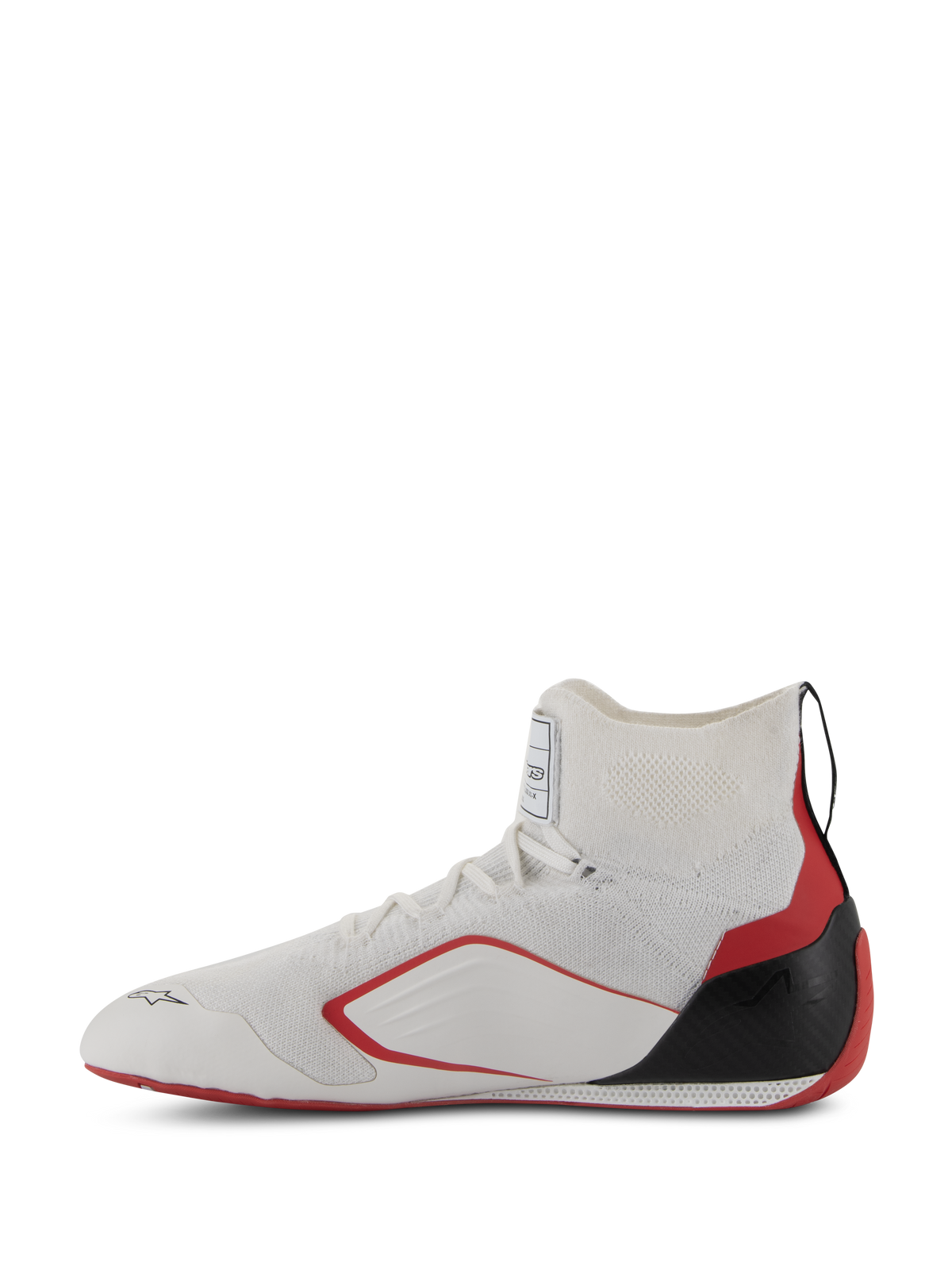 Alpinestars Supertech Shoes - FIA/SFI, Auto Racing Shoes, White Red and Black, profile view showing the knitted upper construction, red side accents, and black carbon fiber heel cup
