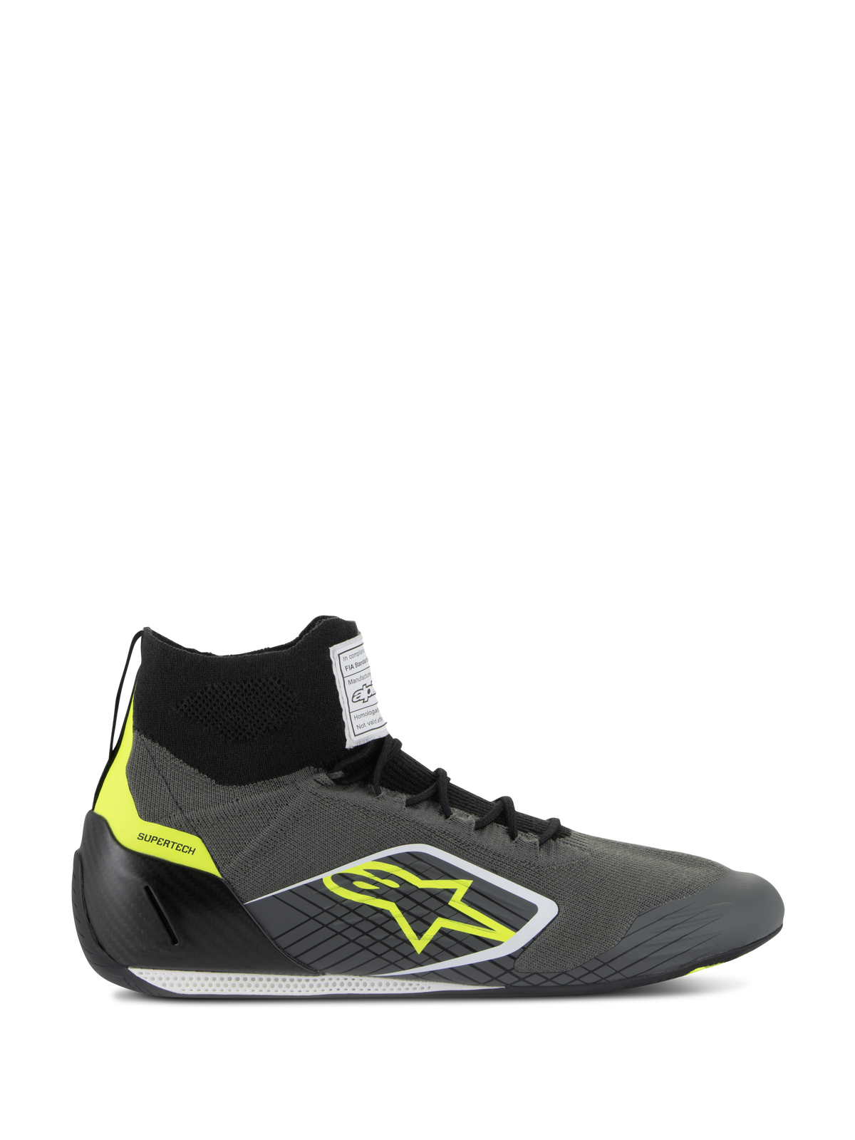Alpinestars Supertech-sko FIA/SFI, professionelle high-top racersko, koksgrå og sort med neongule detaljer, med strikket aramid-overdel, hælkappe i kulfiber, gult stjernelogo og tynd hvid og sort sål, motorsport-certificeret fodtøj