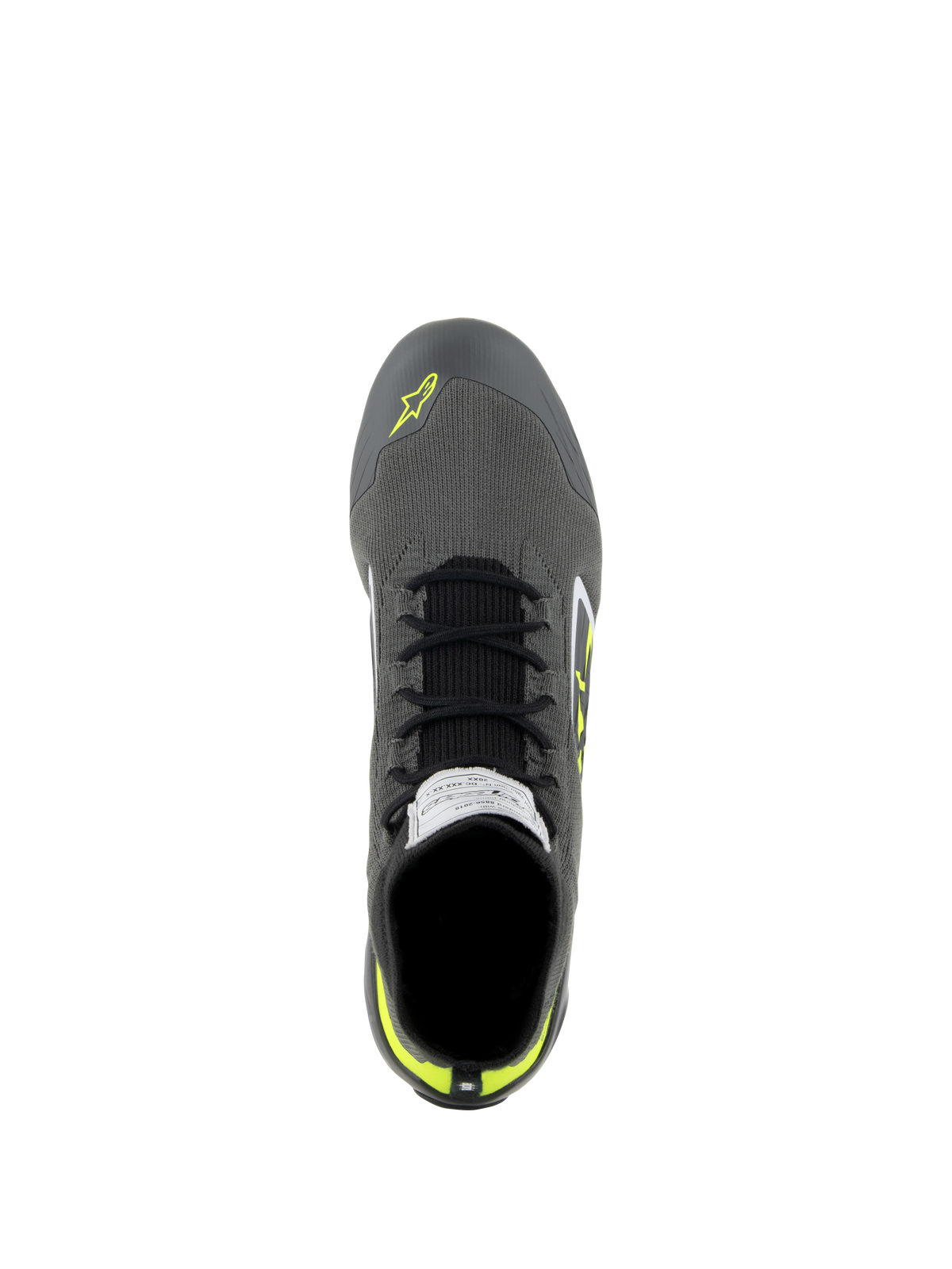 Alpinestars Supertech sko, køresko til bilsport, Cool Gray, sort og fluoriserende gul, set ovenfra, viser strikket overdel, sorte snørebånd og FIA-certificeringsmærke på pløsen, professionelt kørefodtøj