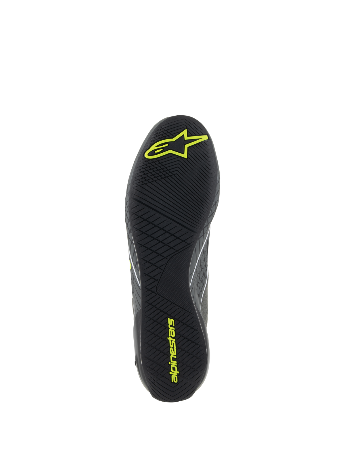 Alpinestars Supertech sko, bilsport fodtøj, cool grå og fluoriserende gul, detaljeret visning af den sorte gummiydersål med tekstureret asymmetrisk slidmønster og gule Alpinestars-logoer for pedalgreb og følsomhed.