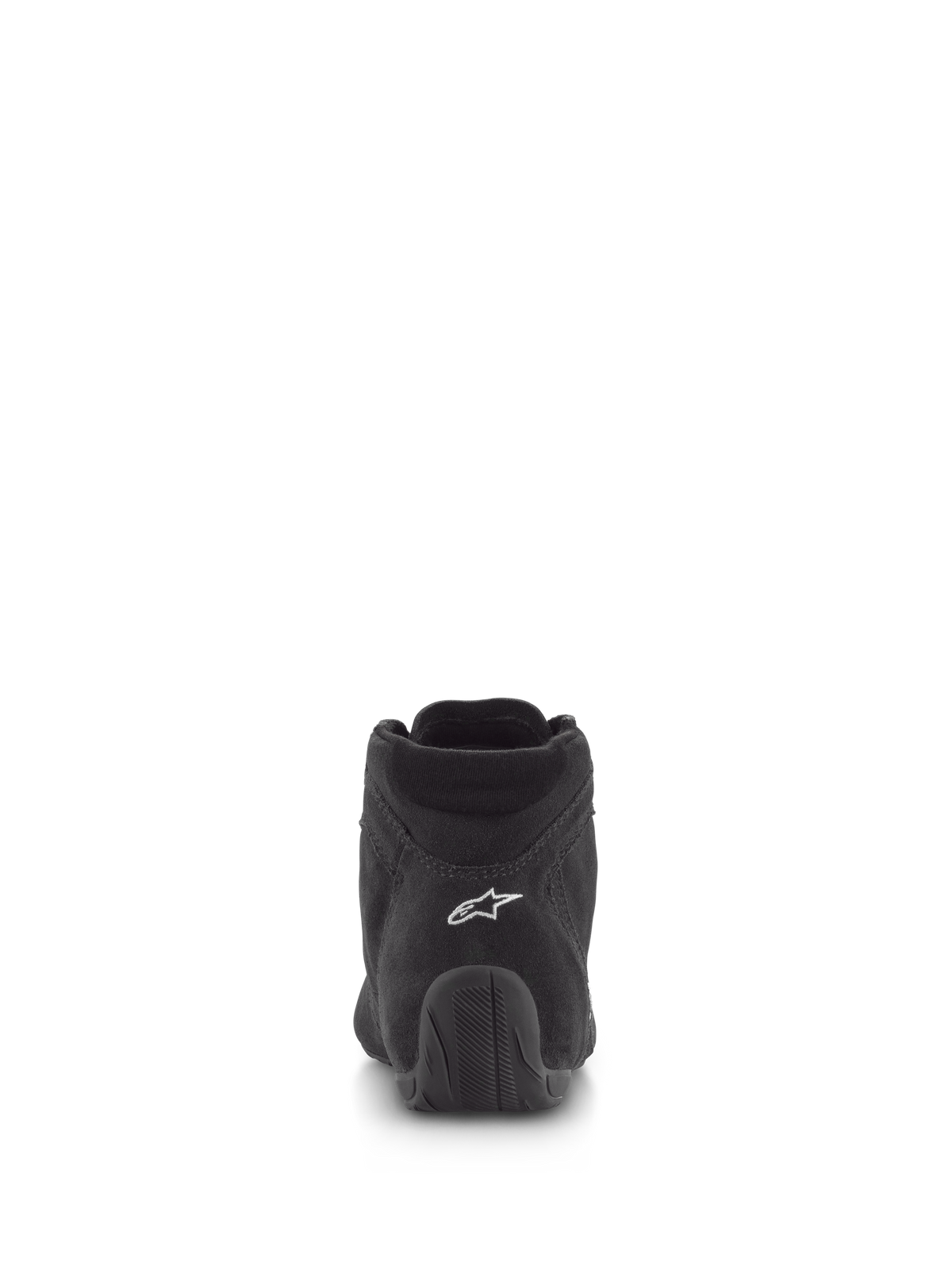 Alpinestars SP V2 sko, auto køresko, sort, set bagfra med overdel i premium ruskind, hvidt logo på hælen og tekstureret gummisål, professionelt motorsport-fodtøj