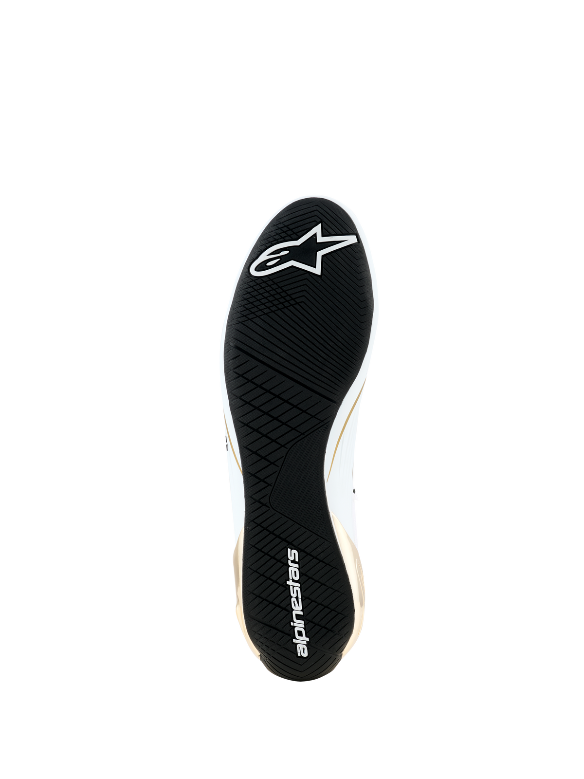 Alpinestars Supertech K-sko - FIA, set nedefra, der viser den sorte ultratynde gummiydersål, asymmetrisk slidbanemønster for greb, hvidt Alpinestars-logo og ordmærke, sideaccenter i guld og hvid, specialiseret karting-fodtøj