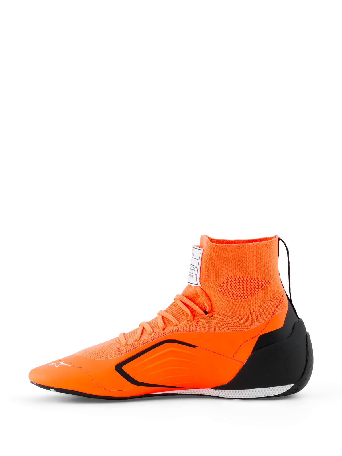 Alpinestars Supertech K-sko - FIA, karting-køresko, orange fluo, sort og hvid, set fra siden med sømløs strikket overdel, integreret ankelkrave, sort TPU-hælkappe og ultratynd performance-ydersål.