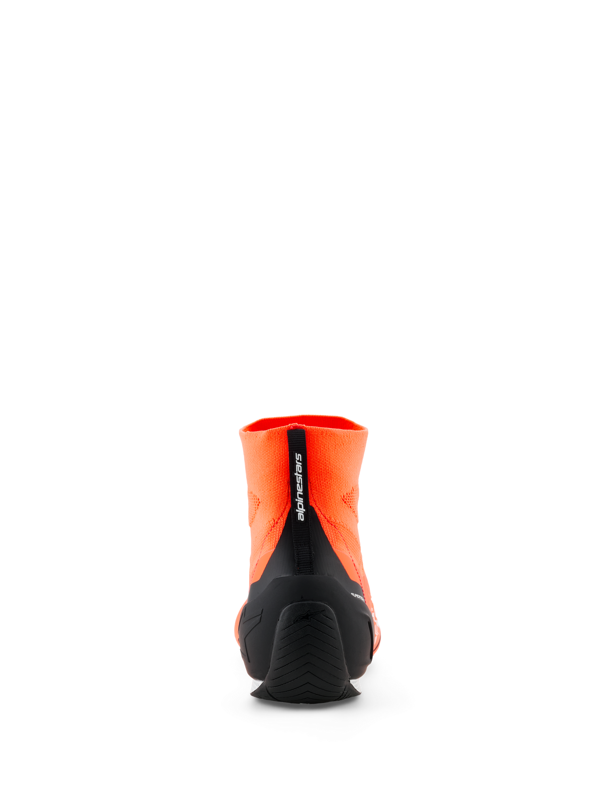Alpinestars Supertech K-sko - FIA, karting-sko, fluoriserende orange og sort, set bagfra der viser den strikkede overdel, sort sprøjtestøbt TPU-hælkappe og vertikal trækstrop med Alpinestars-branding, professionelt motorsportsfodtøj