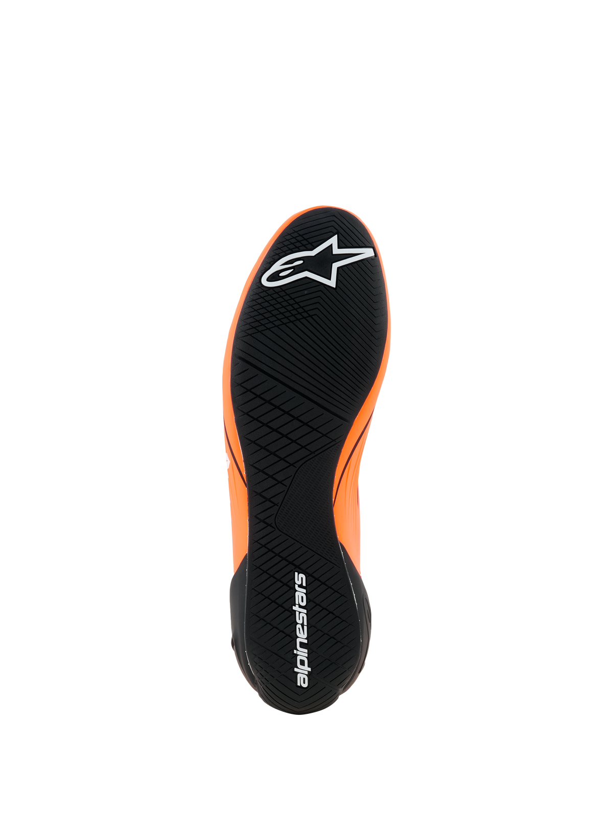 Alpinestars Supertech K-sko - FIA, kartingsko, Orange Fluo, sort og hvid, visning af den sorte gummiydersål med asymmetrisk mønster, hvide Alpinestars-logoer på tå og hæl, ultratynd præstationssål