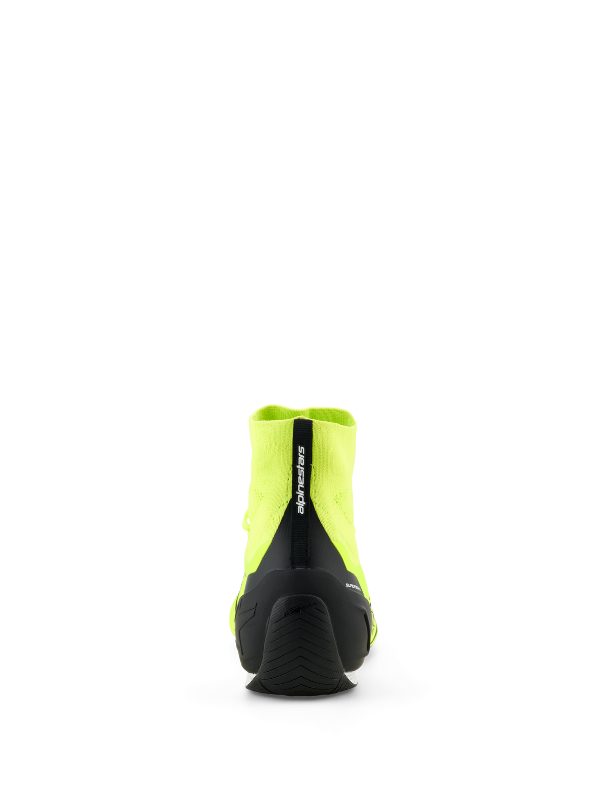 Alpinestars Supertech K Shoes - FIA, Karting Racing Shoes, Yellow Fluo and Black, rear view showing black injected TPU heel counter and pull tab with Alpinestars branding, knitted upper construction, thin rubber outsole designed for racing performance.