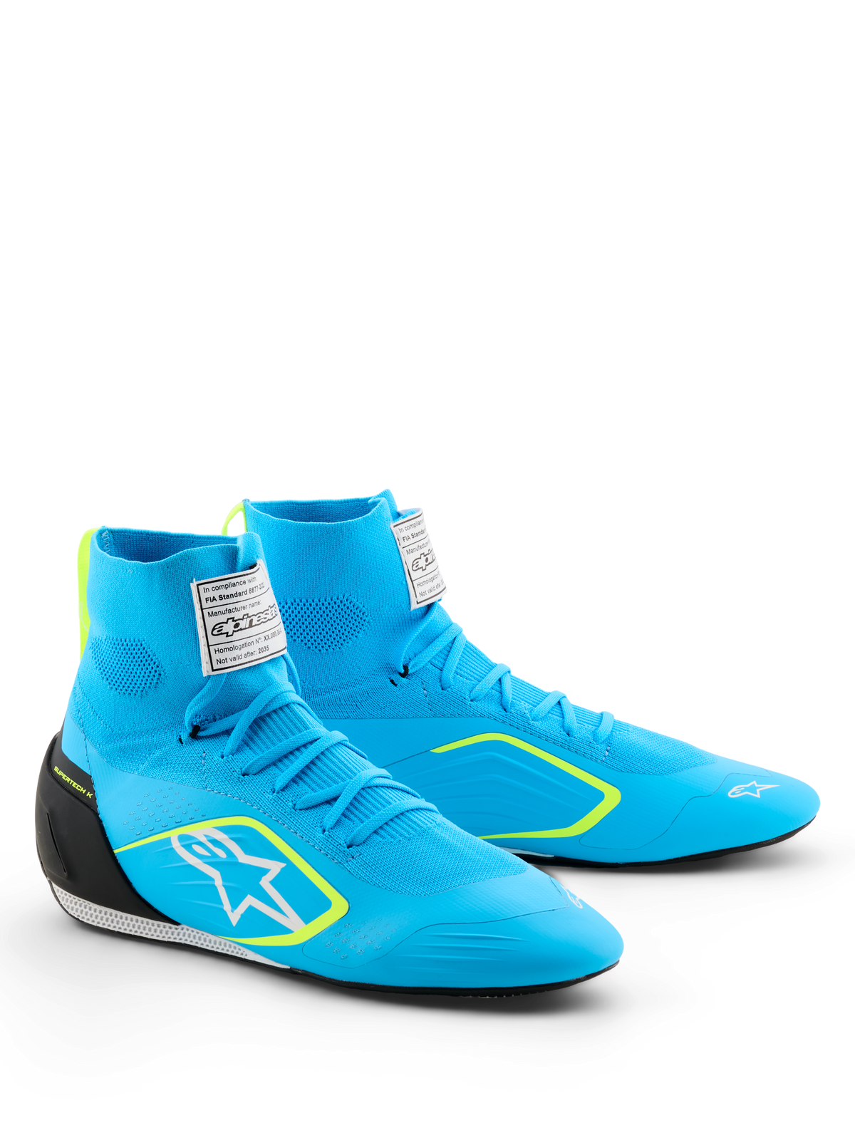 Alpinestars Supertech K-sko - FIA, kartingsko, lyseblå med sorte og yellow fluo-detaljer, høj strikket overdel, hvidt Astars-logo på siden, sort TPU-hælkappe, professionelt motorsportfodtøj