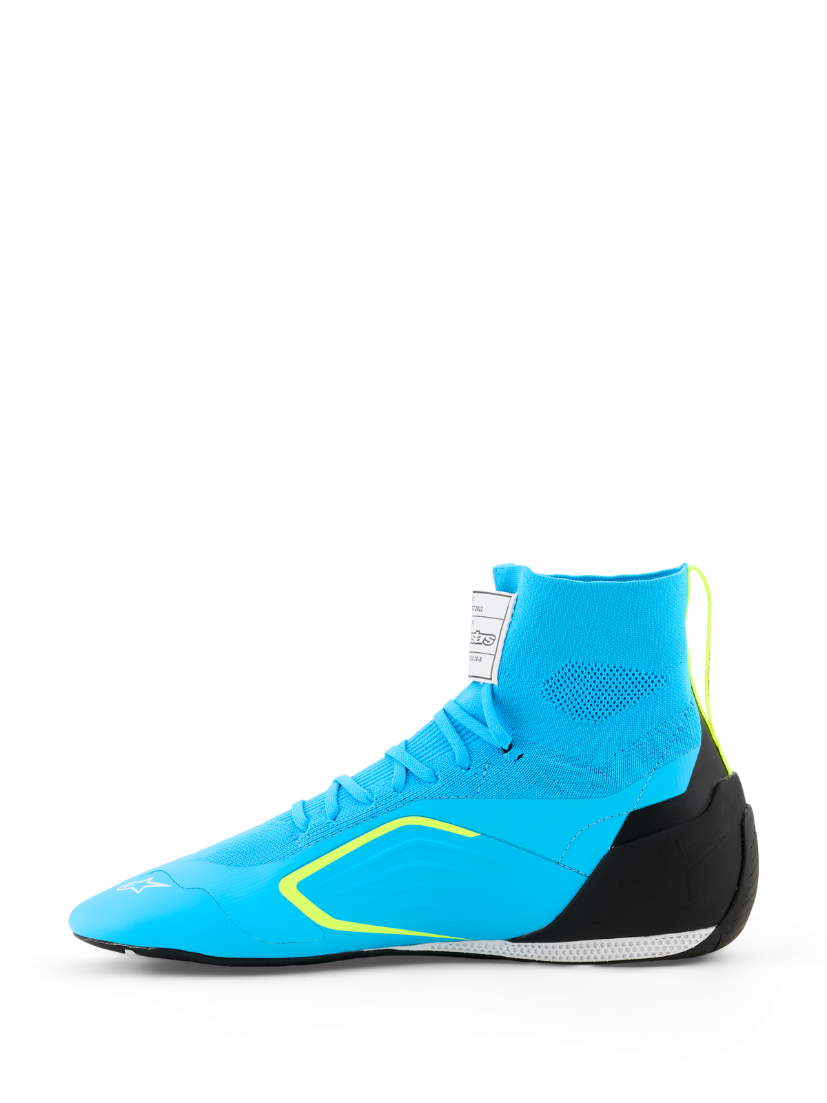 Alpinestars Supertech K-sko - FIA, karting-sko, lyseblå med sorte og fluoriserende gule detaljer, sidebillede med strikket overdel, TPU-hælkappe og tynd racingsål