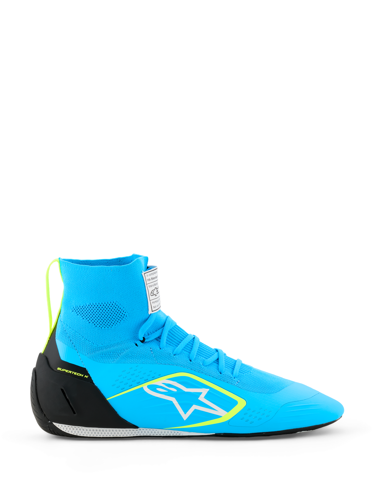 Alpinestars Supertech K Shoes FIA, racingsko til karting, lyseblå med sorte og fluorescerende gule detaljer, høj model med fuldt strikket overdel, hvidt stjerne-logo, professionelt racing-fodtøj