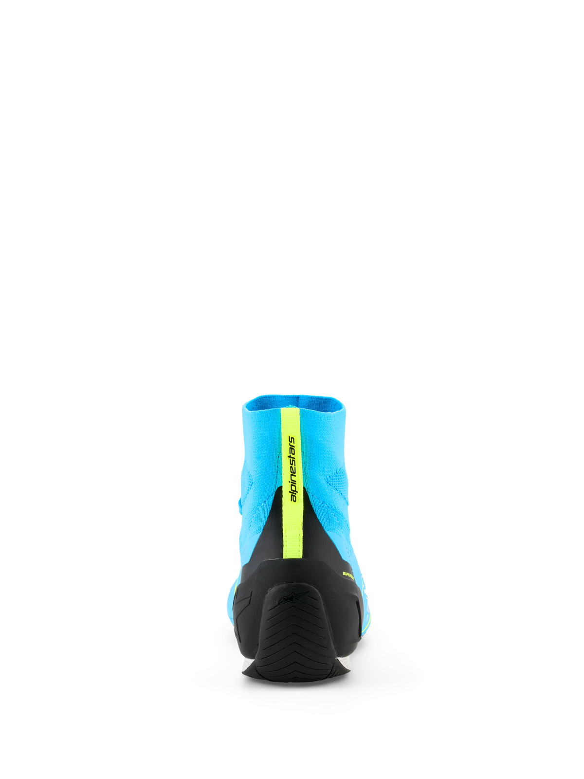 Alpinestars Supertech K-sko - FIA, karting-sko, lyseblå og sort med gul fluo, set bagfra med sprøjtestøbt TPU-hælkappe og lodret gul fluo-stribe med branding, letvægts strikket overdel