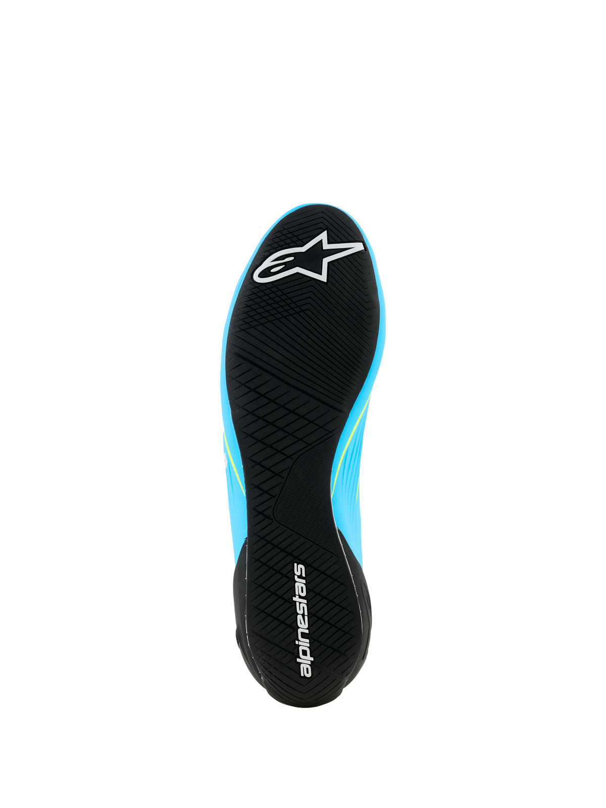 Alpinestars Supertech K-sko - FIA, karting-sko, lyseblå og sort med neongule detaljer, visning nedefra af den ultratynde gummisål med asymmetrisk mønster og Alpinestars-branding