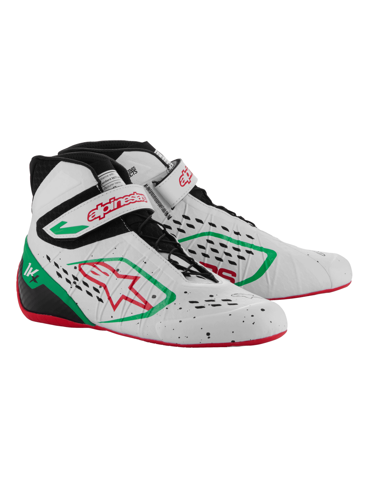 Alpinestars Tech-1 KX V3 kartsko, hvid, grøn og rød, sømløs termo-svejset overdel med laserskårne perforeringer, asymmetrisk snøresystem, velcrorem med rødt logo, tynd rød gummisål