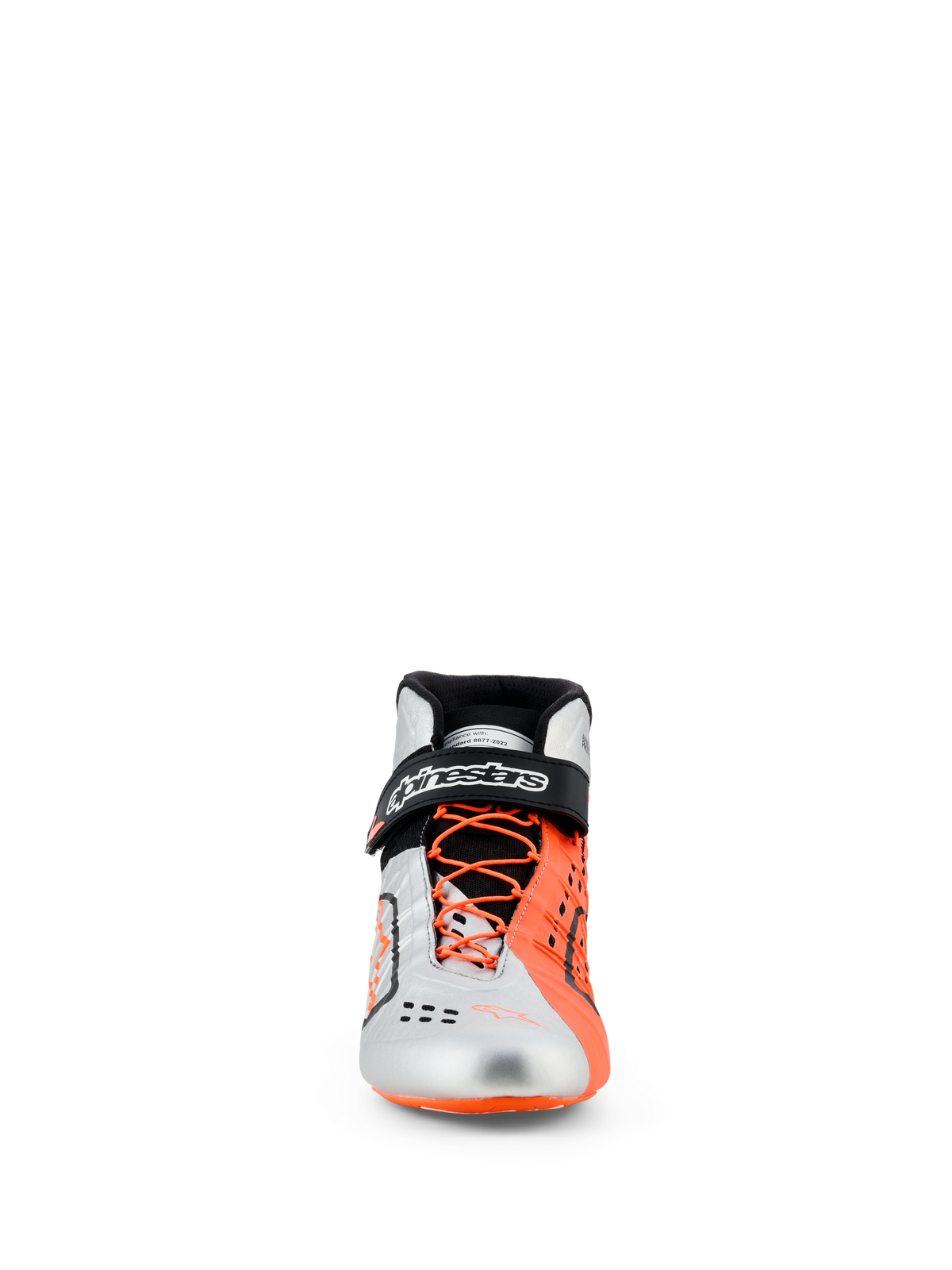 Alpinestars Tech-1 KX V3 Shoes, Karting Shoes, Black Silver and Orange Fluo, front view, silver and fluorescent orange upper, asymmetric orange laces, black ankle strap with white branding, sleek FIA-certified racing footwear
