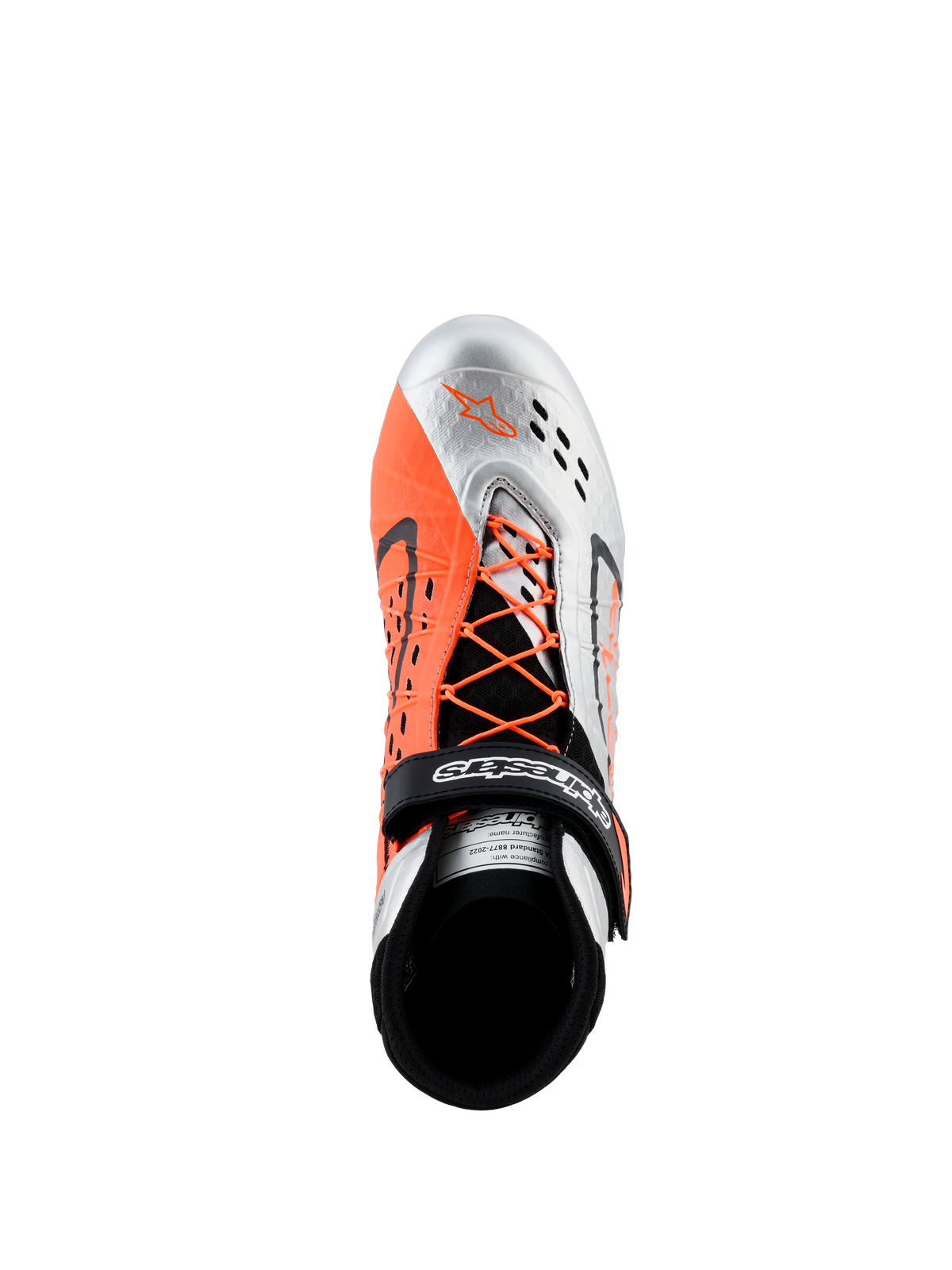 Alpinestars Tech-1 KX V3 Shoes - FIA, Karting Shoes, Black Silver and Orange Fluo, top-down view showing asymmetric lacing with orange laces, Velcro strap with logo, and breathable laser-cut perforations on the silver toe.