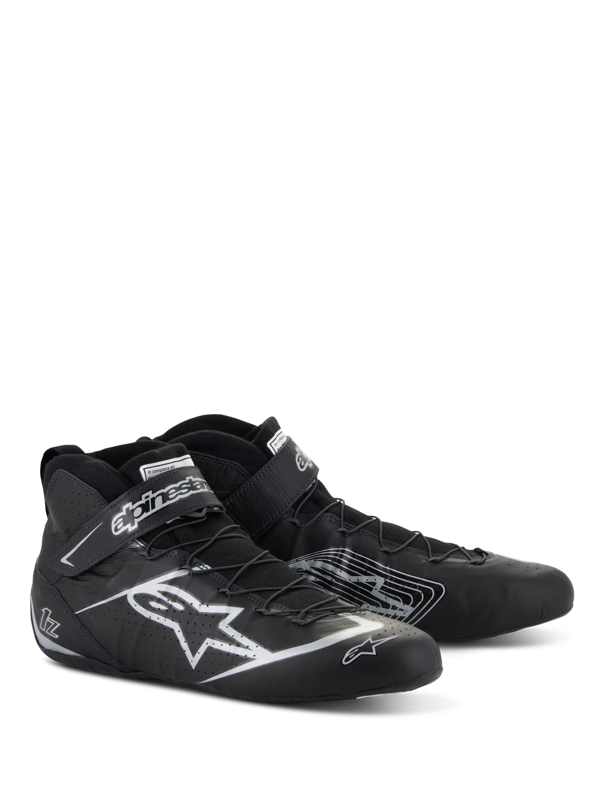Alpinestars Tech-1 Z V3 Shoes FIA, Auto Racing Footwear, Black and Silver, premium bovine leather with silver Alpinestars star logo, sleek low-cut profile with speed lacing and Velcro strap