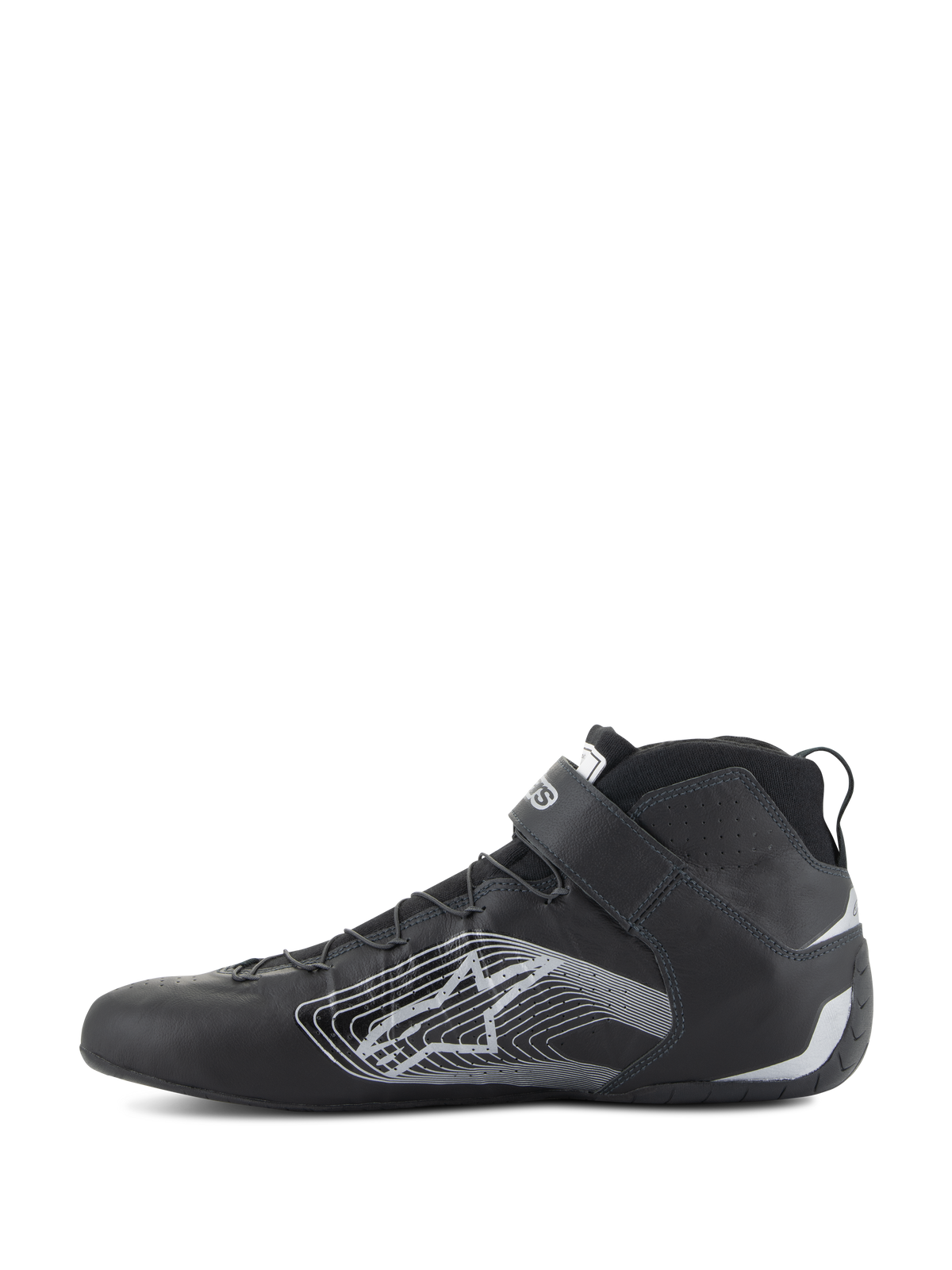 Alpinestars Tech-1 Z V3 Shoes FIA, Auto Racing Shoes, Black and Silver, side profile view, premium bovine leather upper with a large silver stylized star logo, velcro ankle strap, and sleek high-top design for professional motorsport performance.