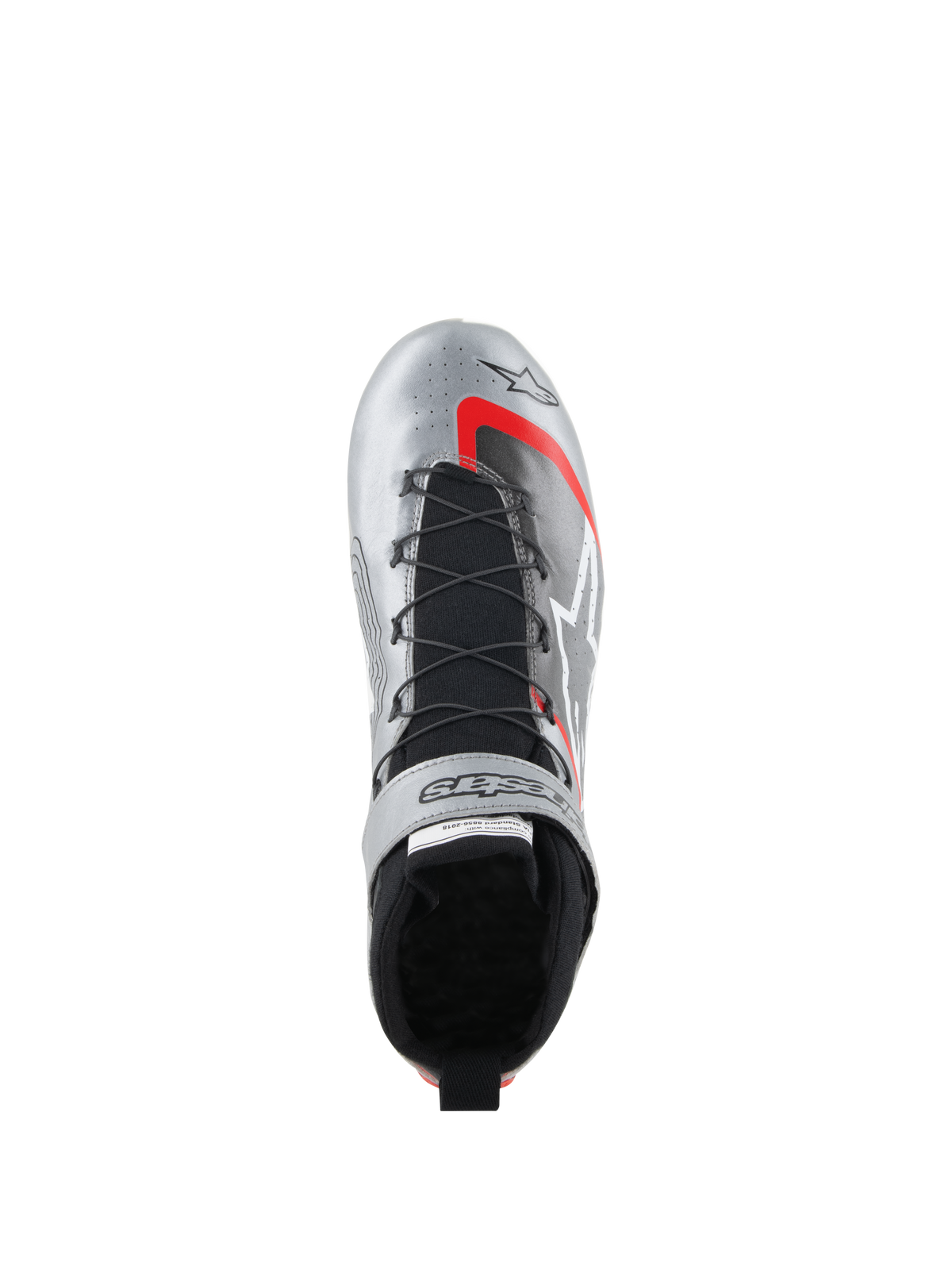 Alpinestars Tech-1 Z V3 sko FIA, auto-køresko, mørk sølv med sorte og røde detaljer, set fra oven, der viser hurtigsnøringssystemet, sort strikket tunge og metallisk læderfinish med markant branding.