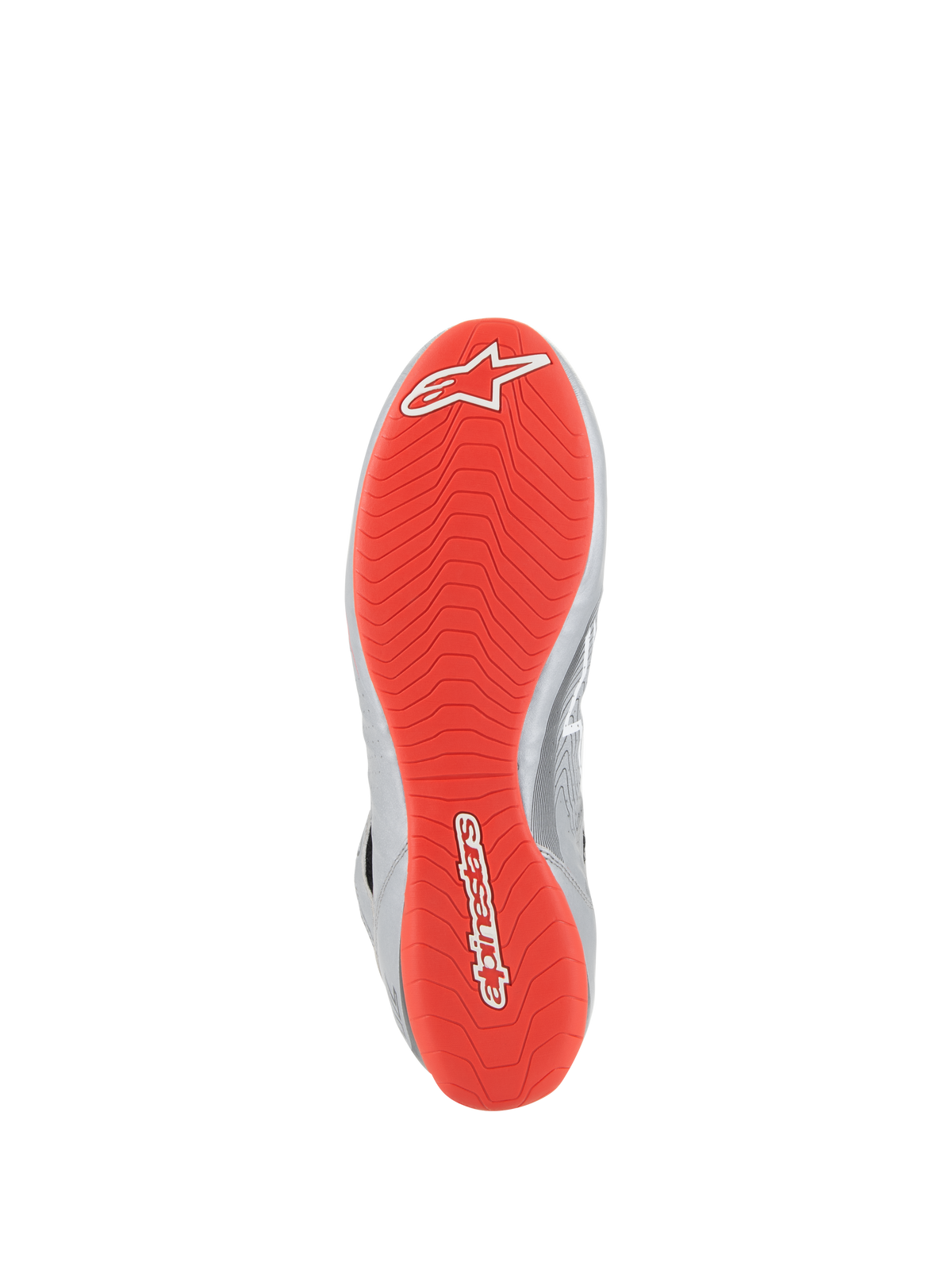 Alpinestars Tech-1 Z V3-sko FIA, auto-racersko, mørk sølv sort rød, bundvisning der viser den klare røde gummiydersål med hvide Alpinestars-logoer, tekstureret asymmetrisk slidbanemønster for greb, sølv læderdetaljer på siden