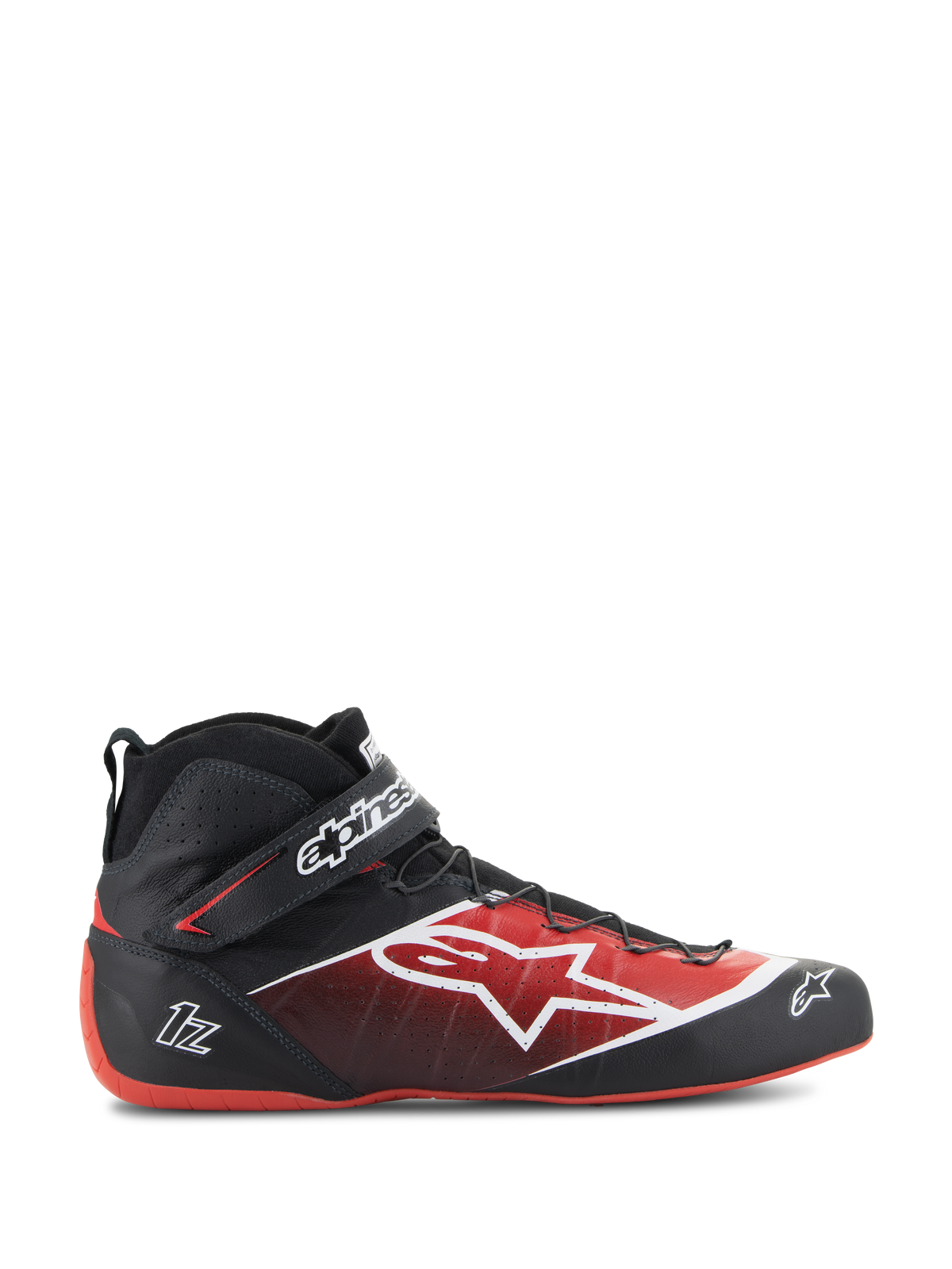 Alpinestars Tech-1 Z V3 Shoes FIA, Auto Racing Shoes, Black and Red, high-top design with white star logo, glossy finish with textured perforations, red curved sole, FIA certified, ankle strap with branding, streamlined motorsport footwear