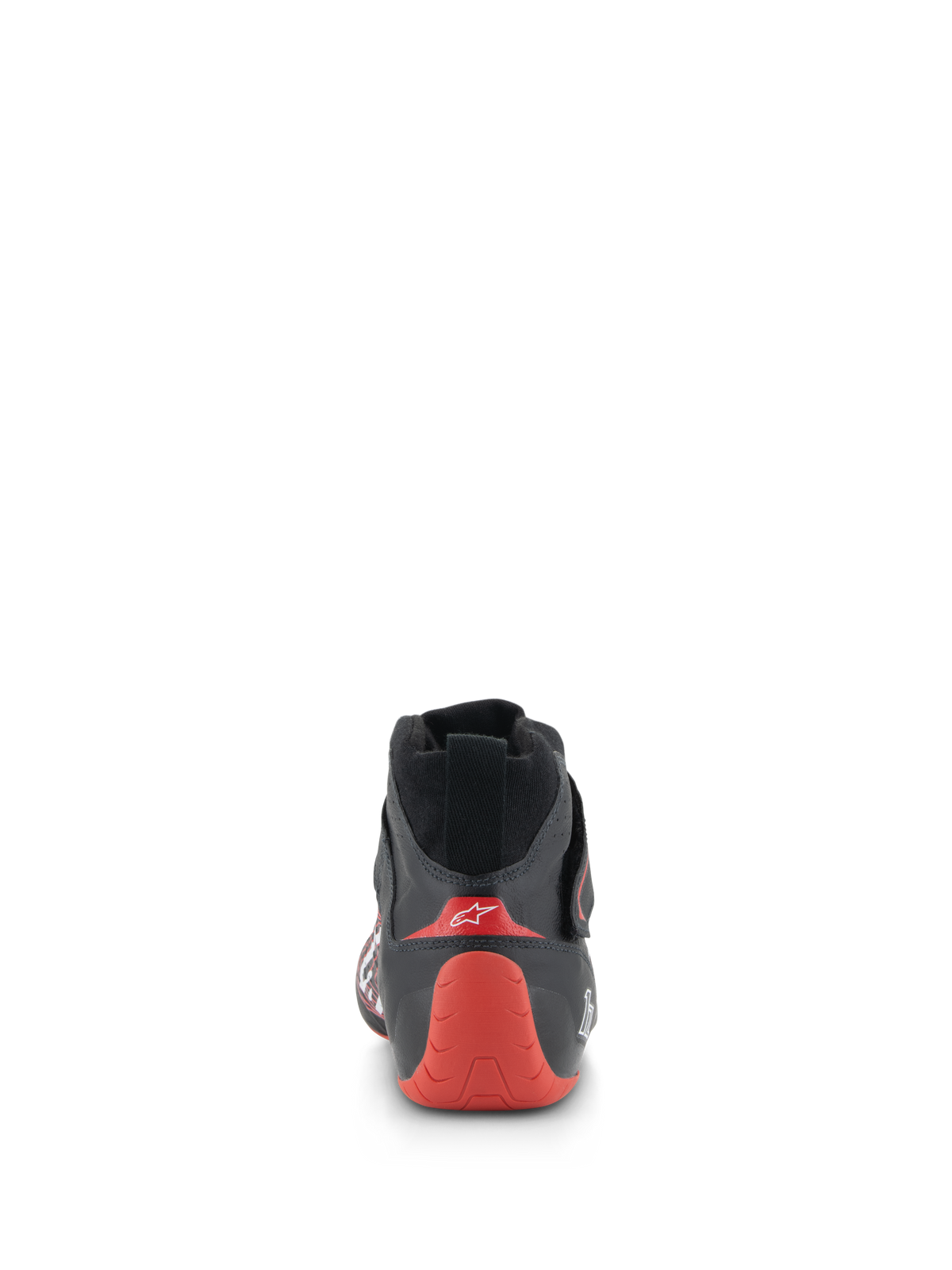 Alpinestars Tech-1 Z V3 Shoes FIA, Auto Racing Shoes, Black and Red, rear view highlighting the red thermo-formed heel cup with white logo, black leather construction, professional motorsport footwear