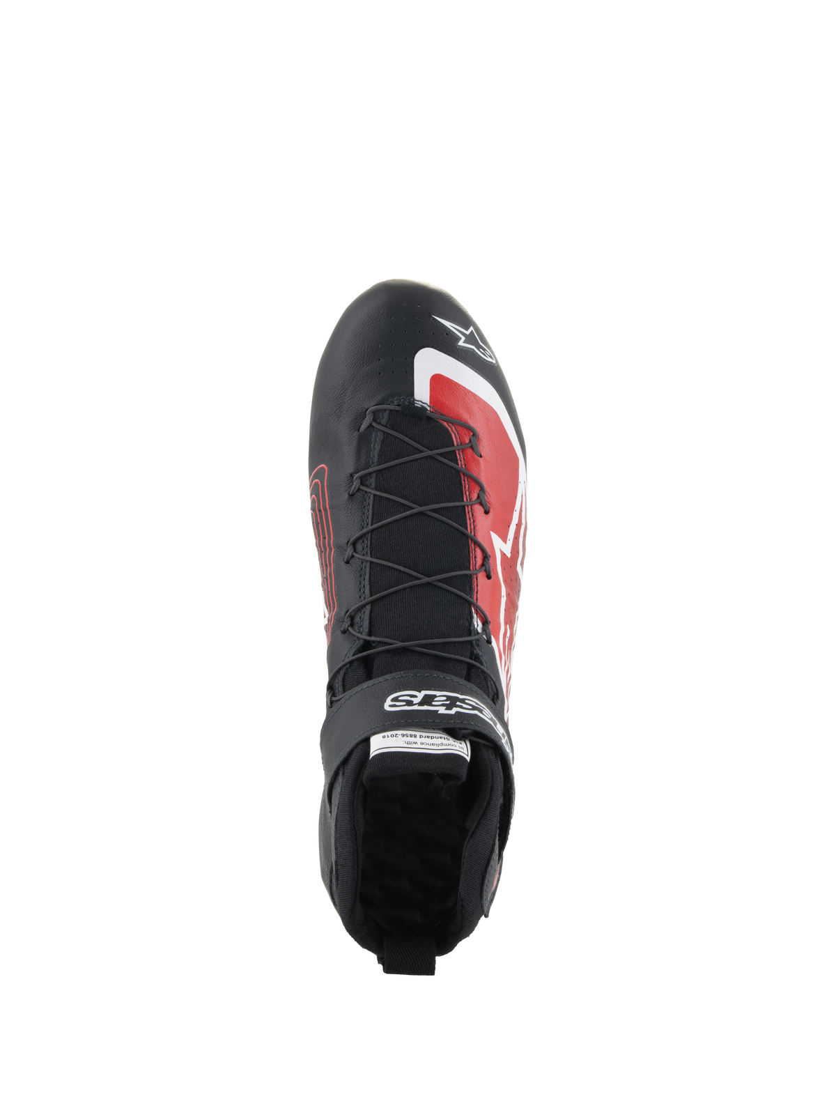 Alpinestars Tech-1 Z V3 Shoes FIA, Auto Racing Shoes, Black and Red, top-down view showing speed lacing system, velcro strap with branding, and red graphic accents on the toe, sleek leather design for motorsport performance