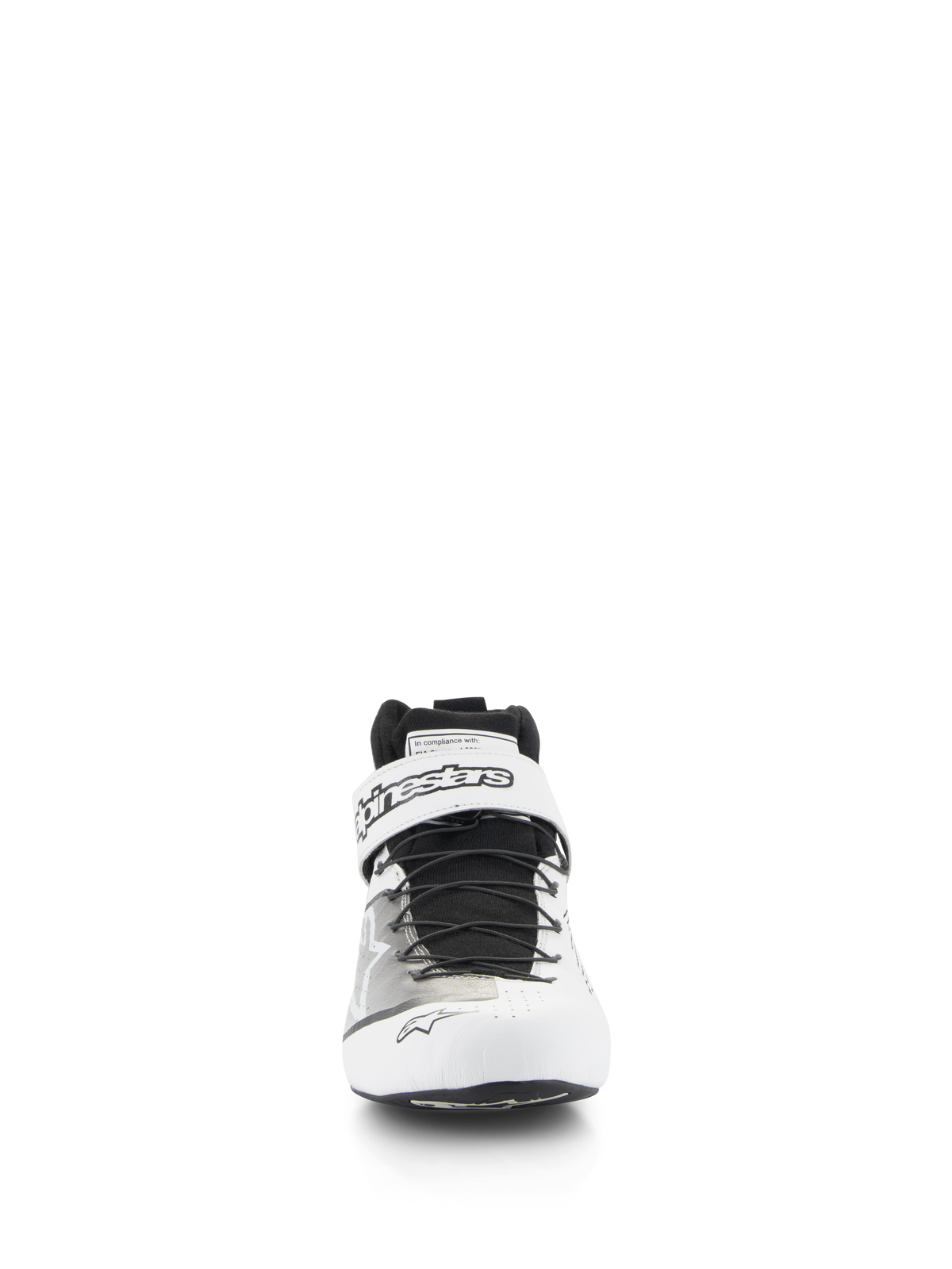 Alpinestars Tech-1 Z V3 Shoes FIA, professional auto racing footwear, White and Black, front view showing speed lacing system and top Velcro strap with Alpinestars branding, perforated leather upper for breathability.