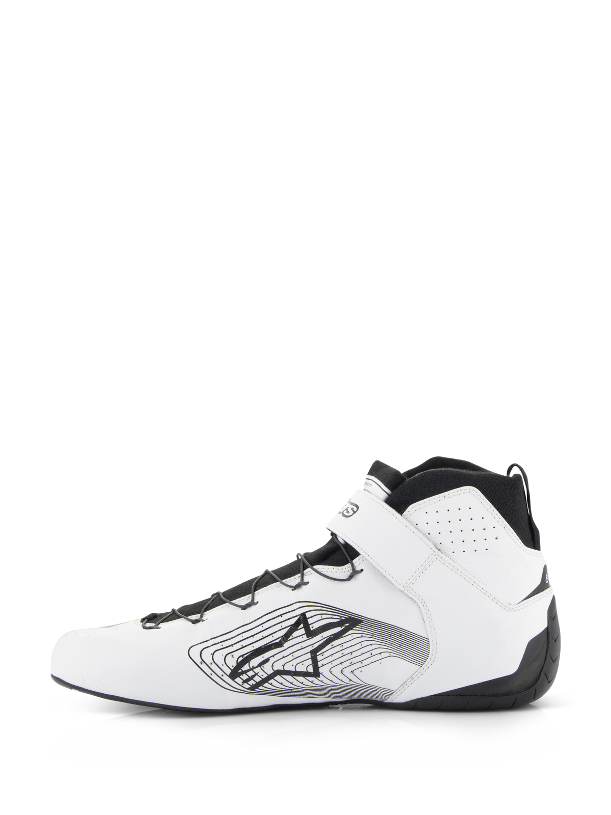 Alpinestars Tech-1 Z V3 Shoes FIA, Auto Racing Shoes, White and Black, side profile of premium leather racing shoe featuring black speed lacing, white ankle strap, and Alpinestars star logo with linear graphic on the side