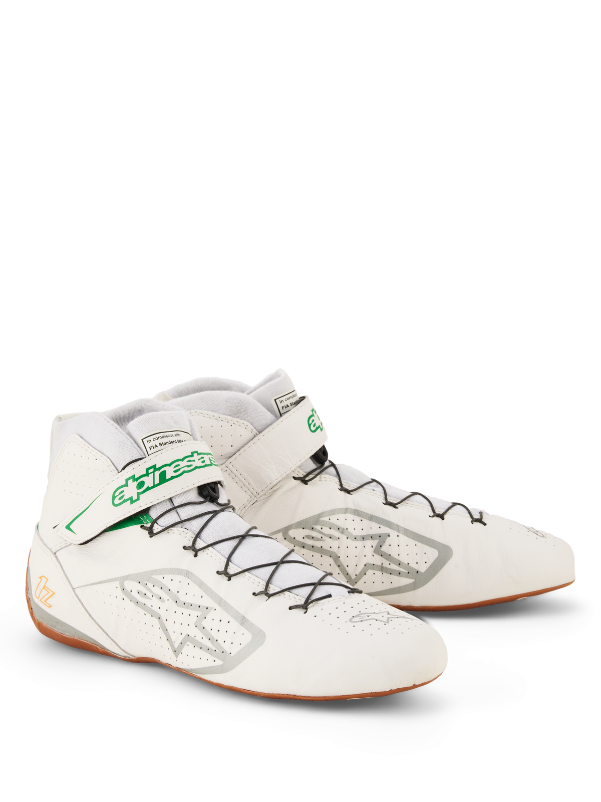 Alpinestars Tech-1 Z V3 sko FIA, White Green Gum Silver racingsko, overdel i perforeret bovint læder, hurtigsnøringssystem med grøn logostrop, tynd gummiydersål for bedre pedalføling, professionelt motorsportfodtøj