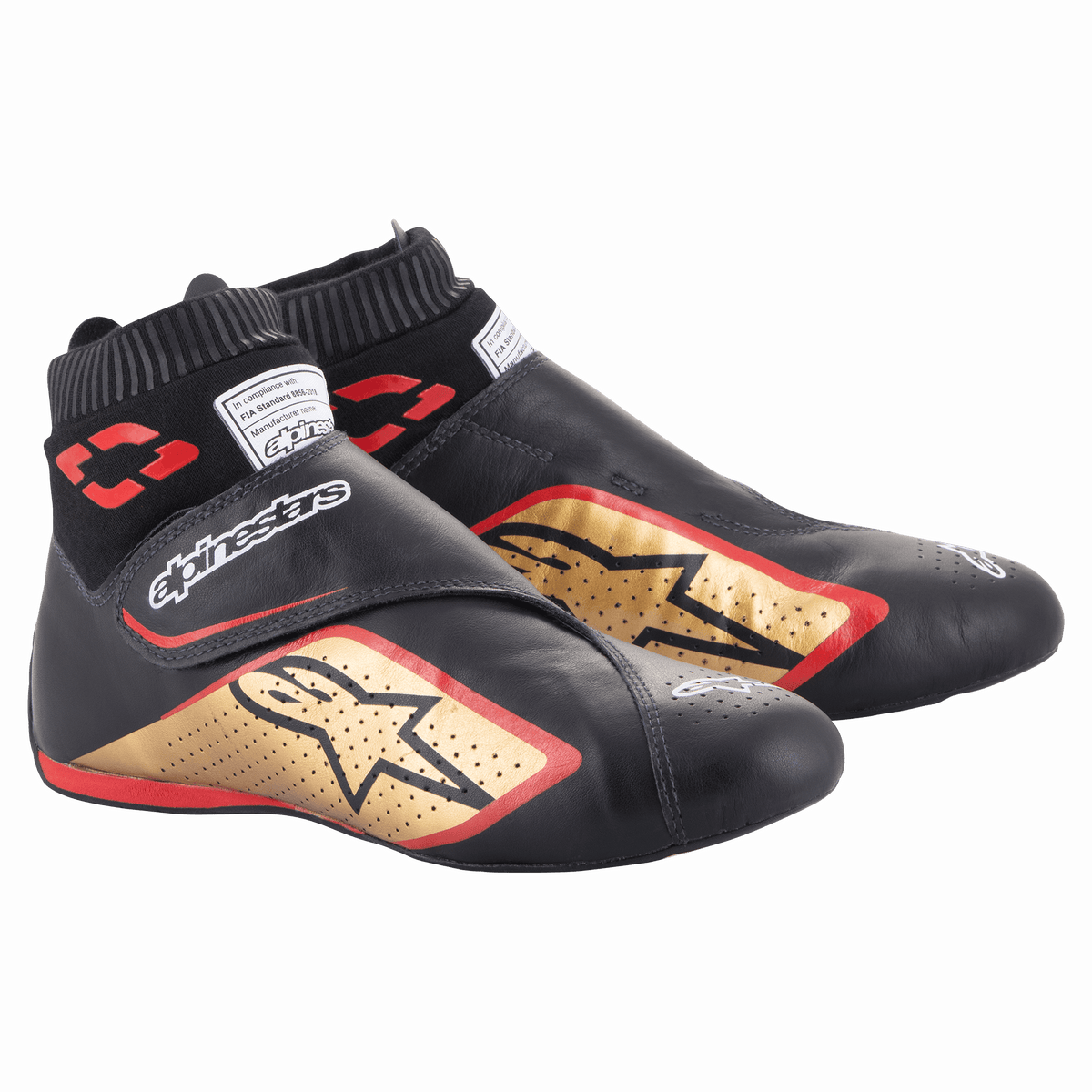 Alpinestars Supermono V2 Shoes FIA, køresko til motorsport, sort, guld og rød, ultralet læderkonstruktion, guldstjerne-logo med røde konturer, sok-lignende elastisk krave og velcro-lukning