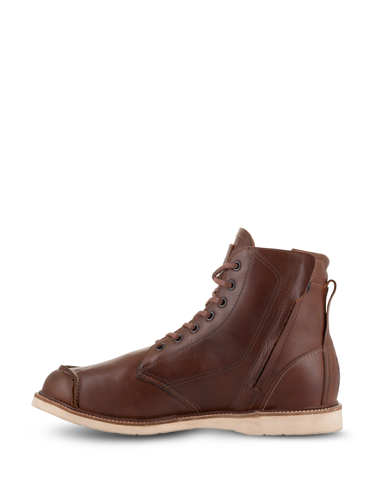 Alpinestars Oscar Monty V2 sko, brune motorcykelsko i læder, set fra indersiden med side-lynlås og snørebånd, moc-toe-design med en lys kileydersål, heritage-inspireret beskyttende fodtøj