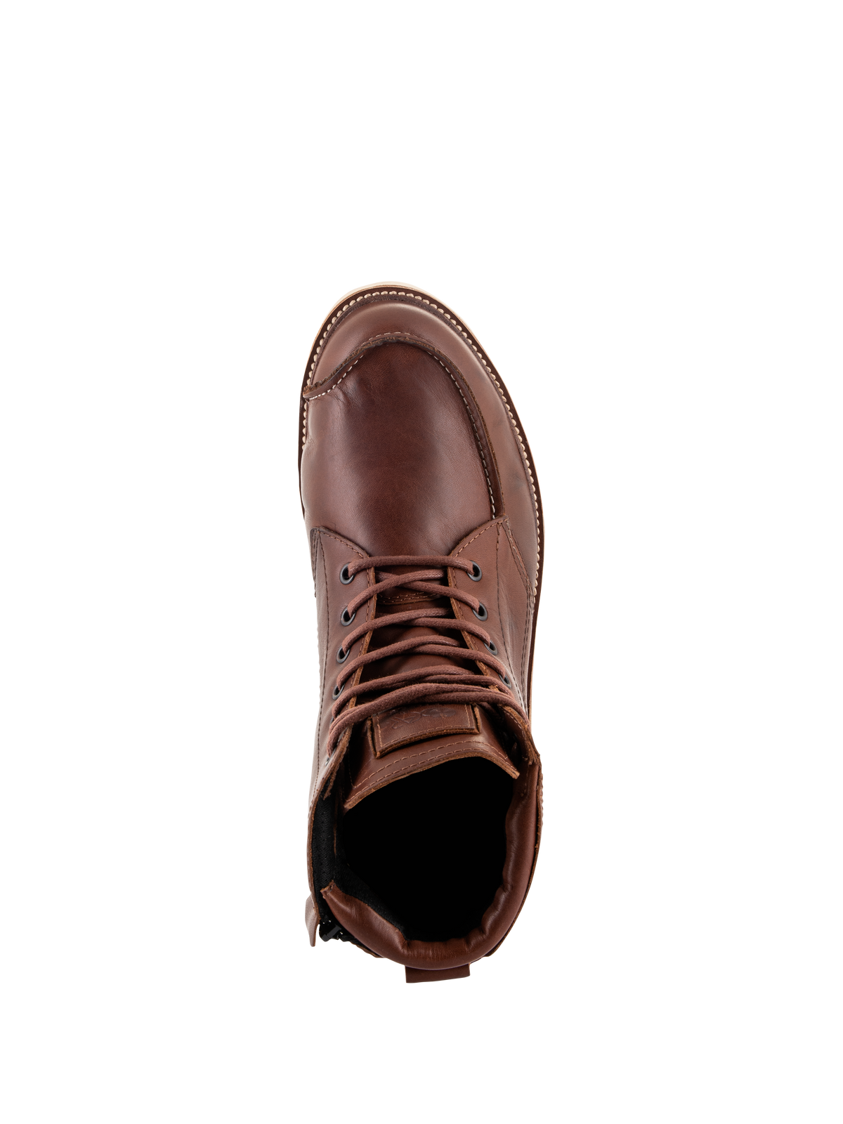 Alpinestars Oscar Monty V2 sko, brune motorcykelkøresko, set oppefra, konstruktion i fuldnarvet læder, moc-tå syninger, brune snørebånd, heritage-inspireret urbant fodtøj
