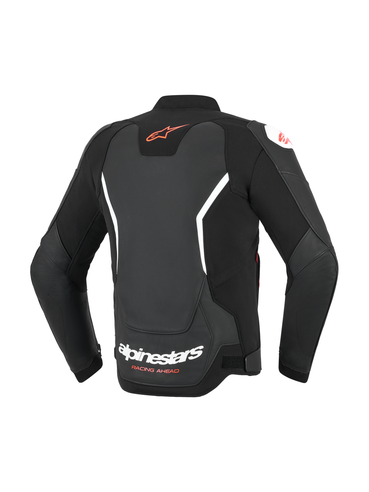 Alpinestars GP Force V2 læderjakke, sort med hvide og røde detaljer, set bagfra med rødt Astar-logo på den øverste del af ryggen og hvid Alpinestars-branding på den nederste del af ryggen, sport-fit lædermotorcykeljakke med harmonikastrækpaneler
