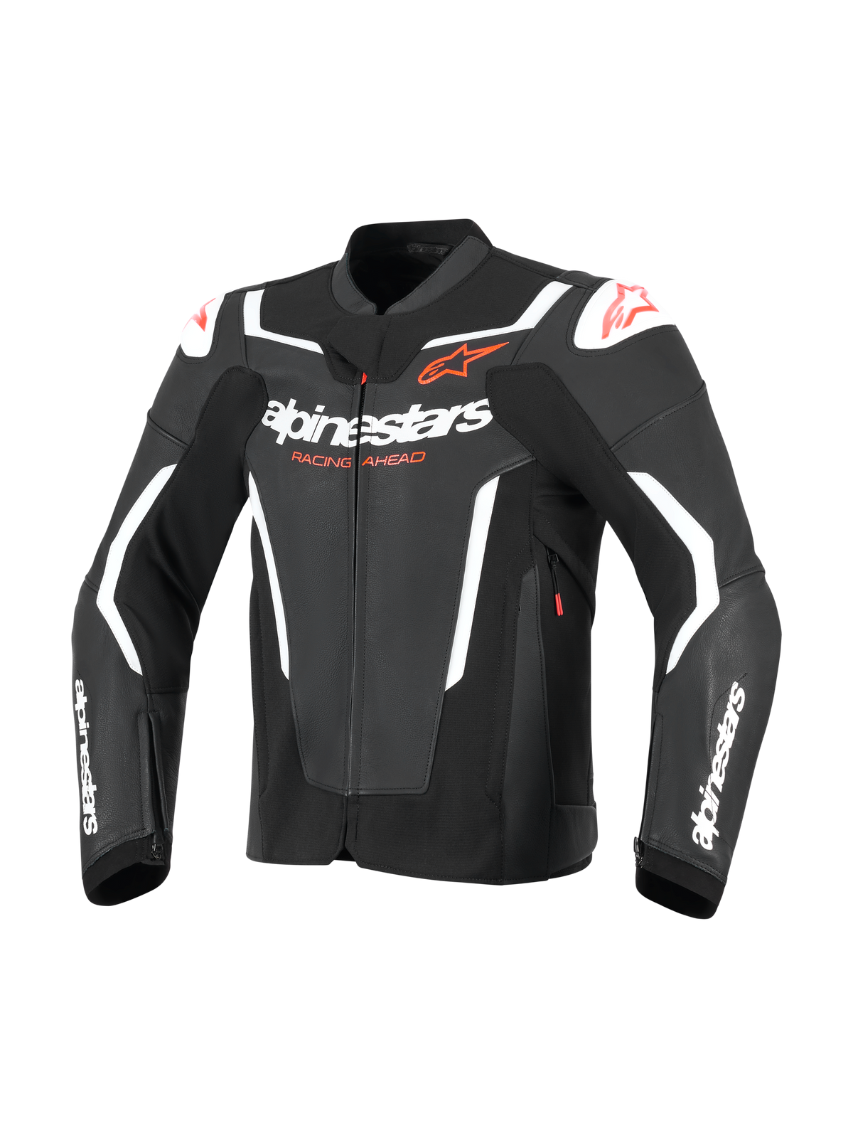 Alpinestars GP Force V2 læderjakke, sportsmotorcykeljakke, sort og hvid, med tydelig hvid Alpinestars-branding på brystet og ærmerne, røde stjernelogoer og eksterne skulderslidere, professionelt racerinspireret læderdesign.