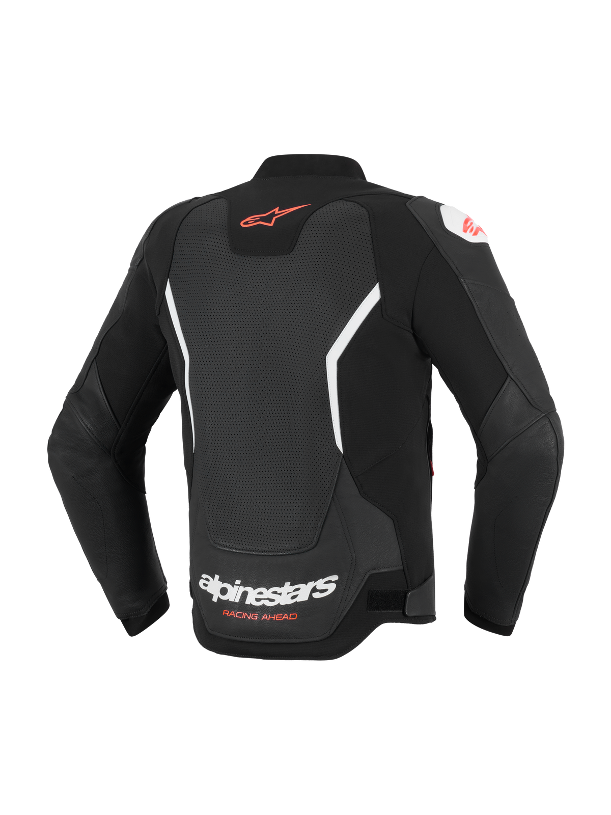 Alpinestars GP Force V2 Air Leather Jacket, Rear View, Black and White, featuring extensive perforated back panel for ventilation, red Alpinestars logo on upper back, white branding on lower back, premium bovine leather construction for sport riding