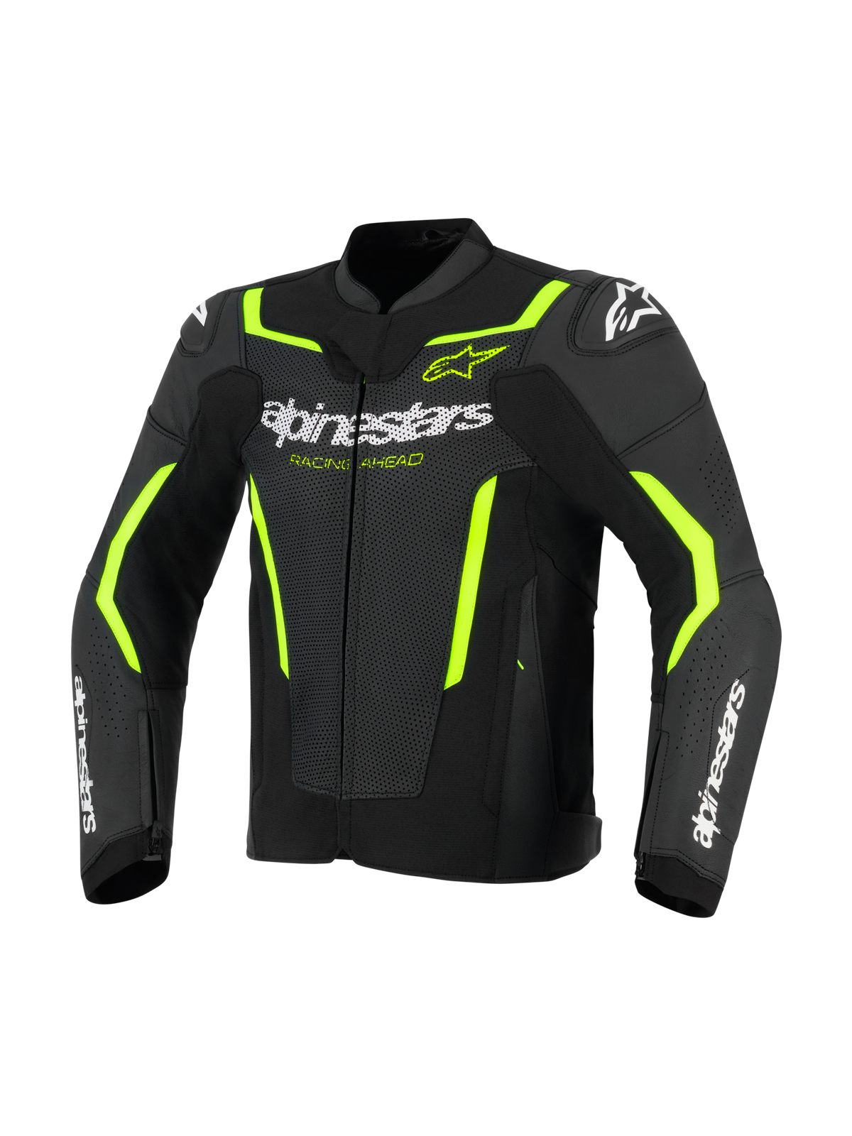 Alpinestars GP Force V2 Air Leather Jacket, Leather Motorcycle Jacket, Black and Yellow Fluo, featuring perforated leather panels for airflow, bold white Alpinestars branding on the chest and forearms, and fluorescent yellow accents on the shoulders and sleeves for a sport-oriented look.