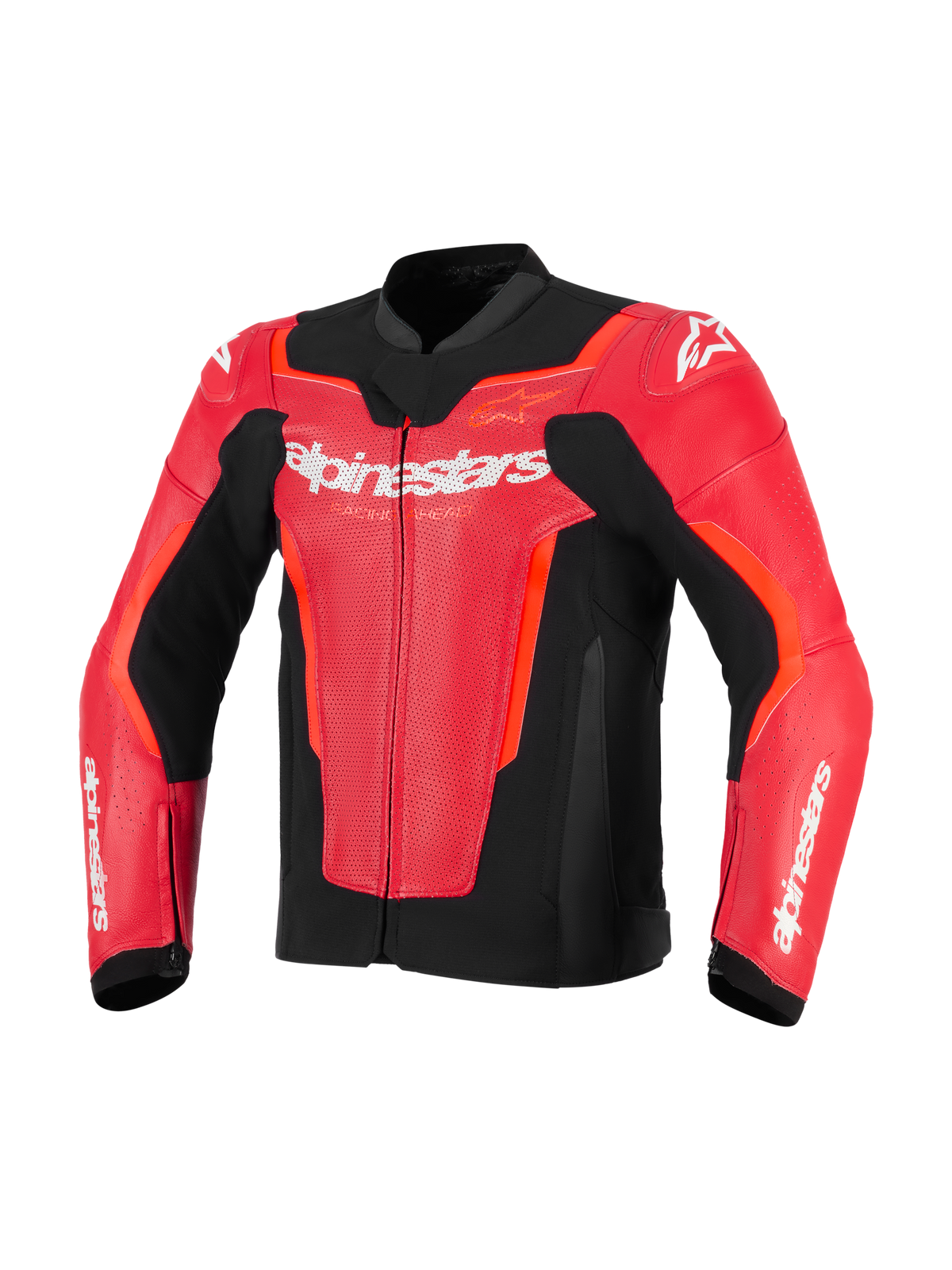 Alpinestars GP Force V2 Air Leather Jacket, Red and Red Fluo with Black accents, perforated leather for ventilation, white Alpinestars logo on chest, sport fit motorcycle racing gear