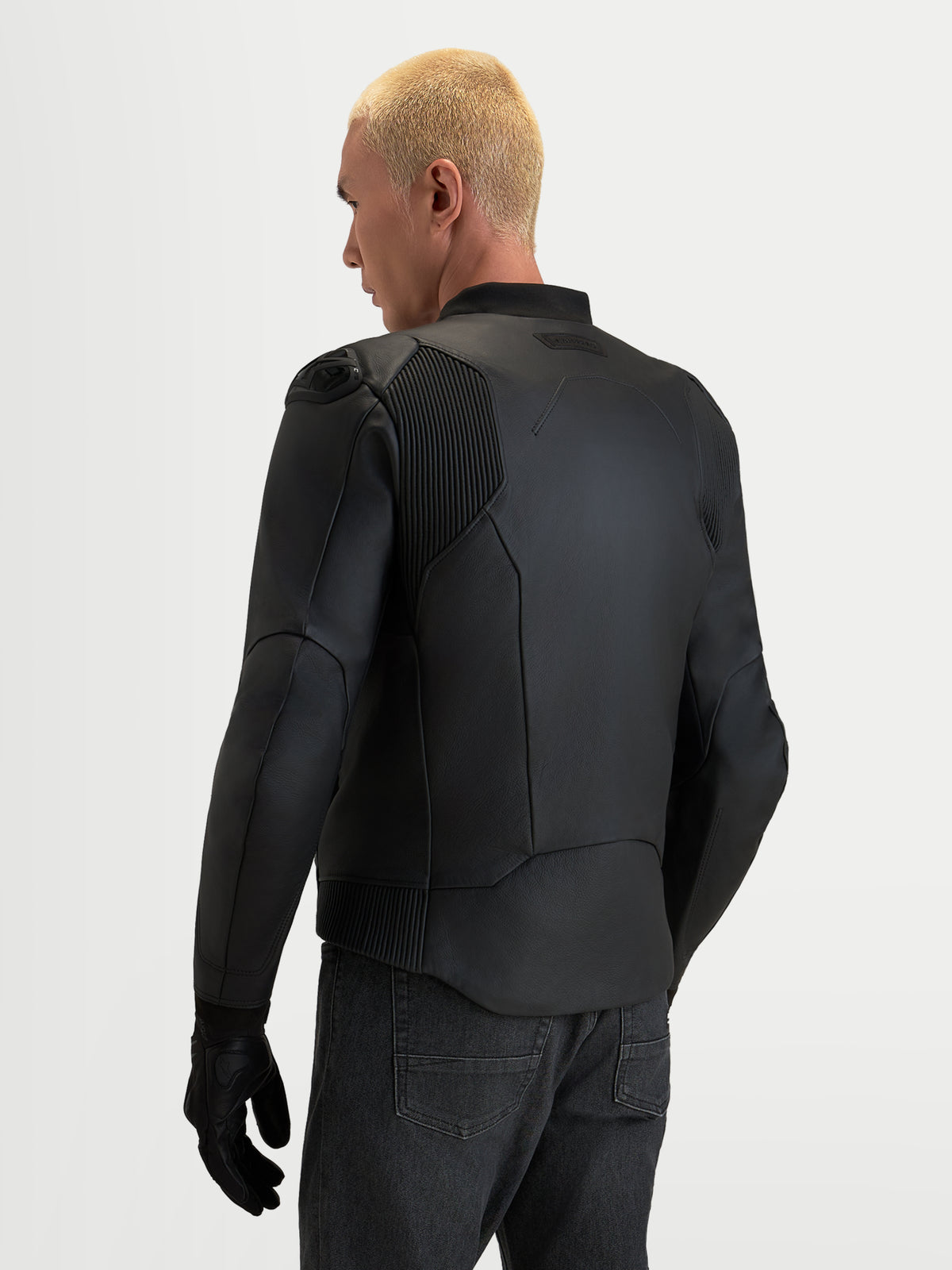 Alpinestars Caliber V2 Leather Jacket, Men's Black motorcycle leather jacket, rear view showing accordion mobility panels and DFS shoulder armor