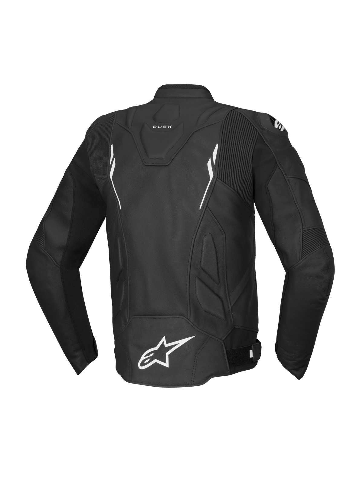 Alpinestars Dusk Leather Jacket, black and white bovine leather motorcycle racing jacket for men, rear view, Tech-Air Ready.